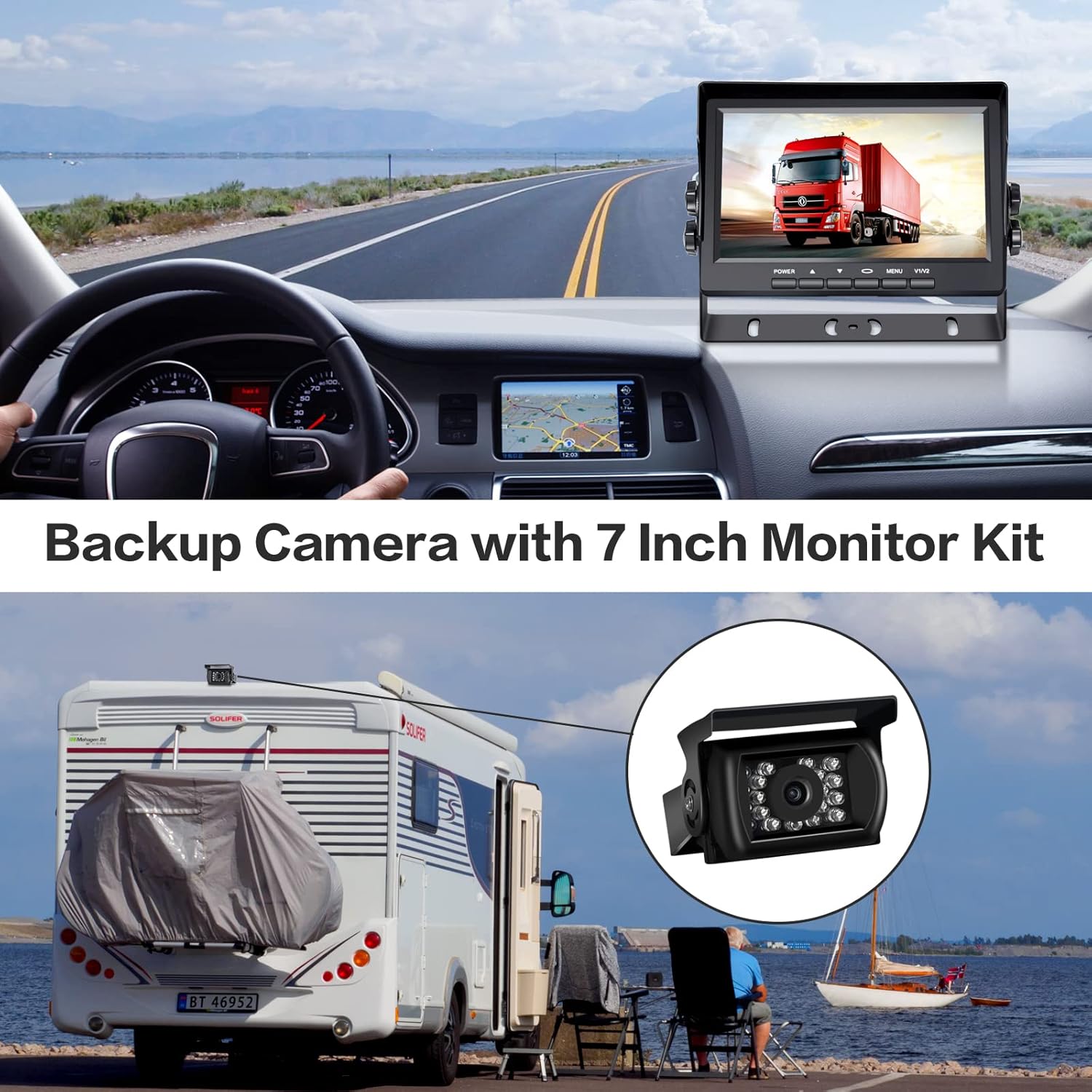 CDSPY RV Backup Camera HD with 7 Inch Monitor Kit 18 IR LED Rear View Camera Super Night Vision Reverse Wired Back Up Camera System for RVs/Trucks/Trailers/Pickup/Cars/SUV, Easy DIY Install