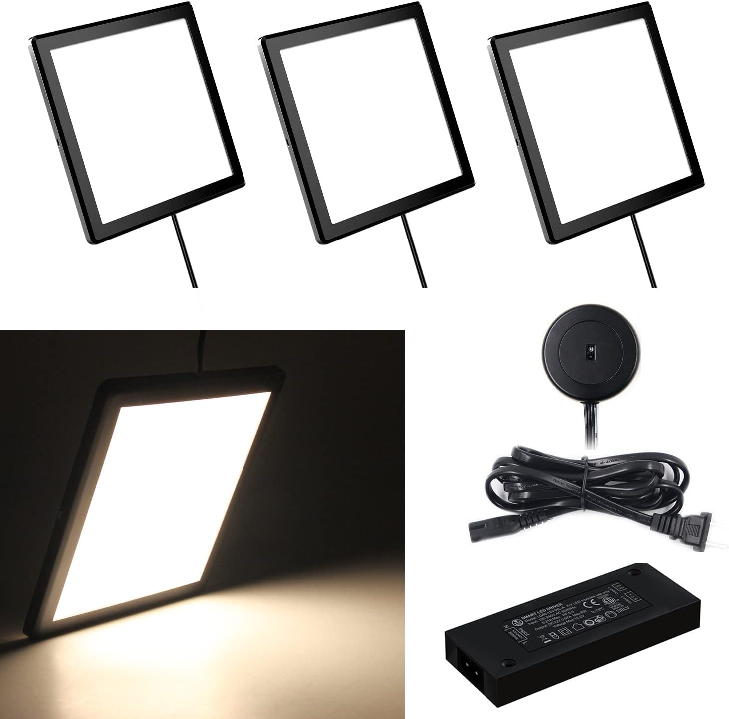 VST Under Cabinet Panel Lighting 3PCS 3.94inch 12V 2.5W(Total 7.5W) with Wired Hand Wave Switch, Surface Mount Puck Light for Kitchen Wardrobe Camper Van Truck Car Galley Downlight（Round Black）