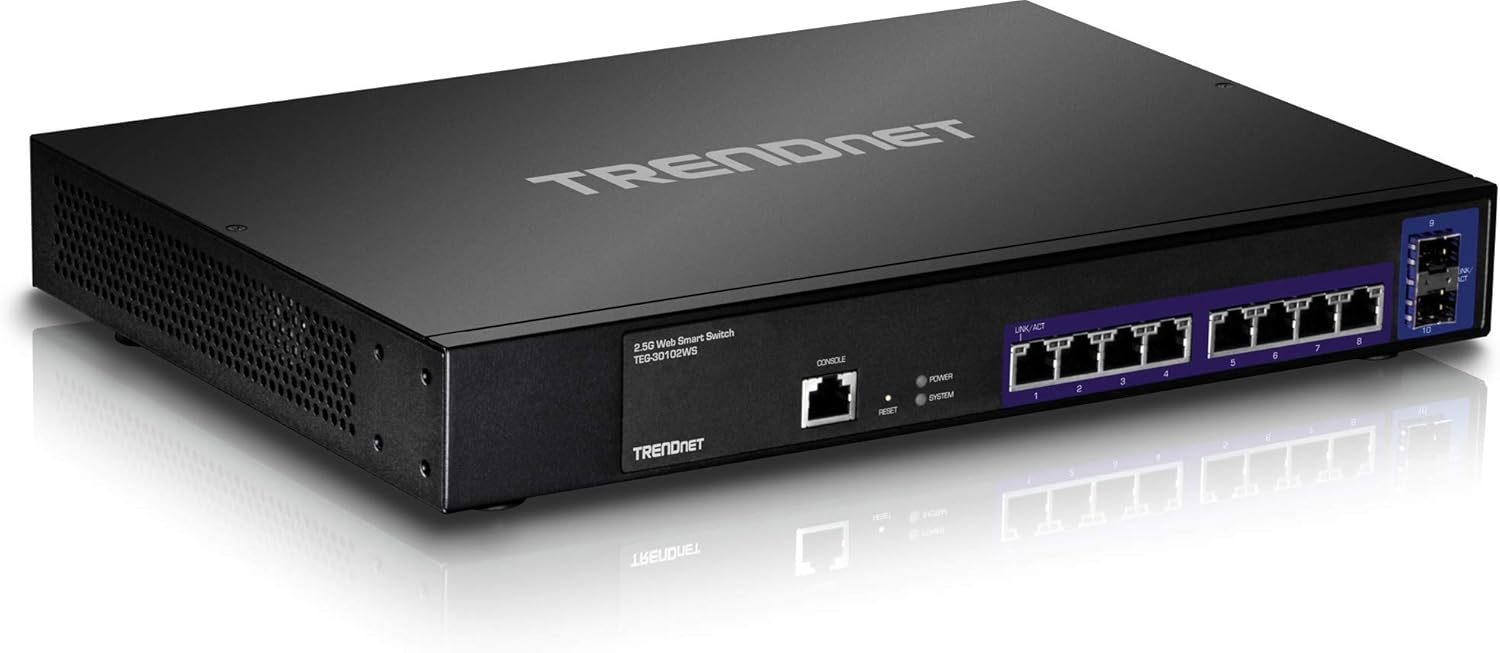 TRENDnet 10-Port 2.5GBASE-T Web Smart Switch, 8 x 2.5GBASE-T RJ-45 Ports, 2 x 10G SFP+ Slots, Lifetime Protection, TEG-30102WS, Black