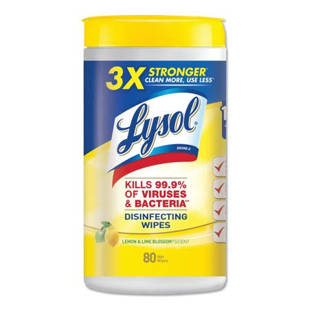 Lysol Disinfecting Wipes, 7 x 8, Lemon and Lime Blossom, 80 Wipes/Canister, 6 Canisters/Carton - RAC77182CT