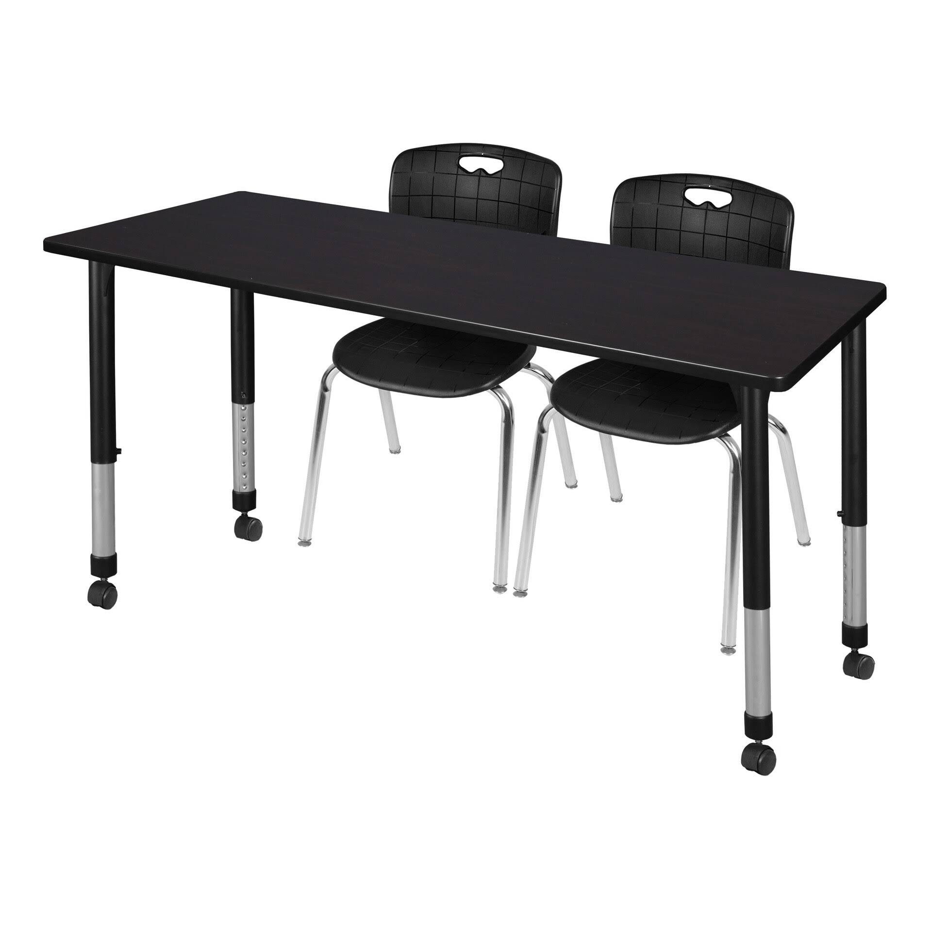 Regency Kee 60x22 x 24x22 Height Adjustable Mobile Classroom Table - Mocha Walnut u0026 2 Andy 18-in Stack Chairs- Black