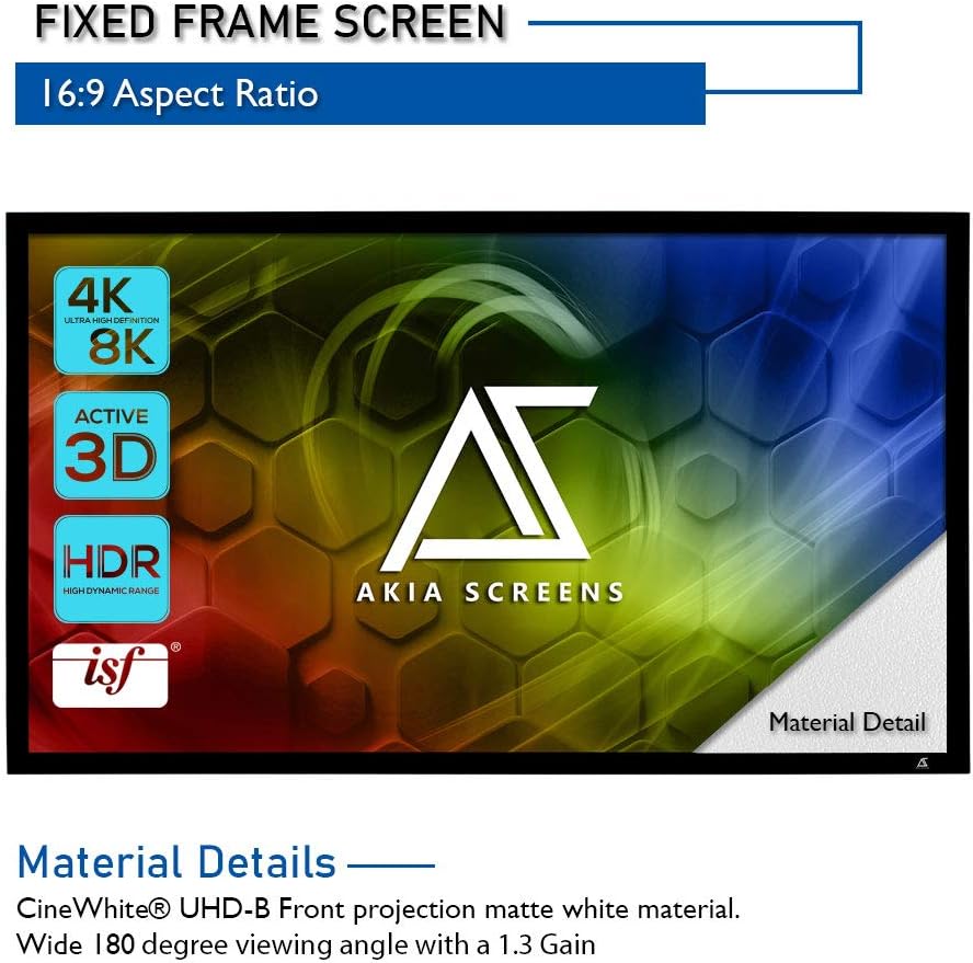 Akia Screens 120 inch Fixed Frame Projector Screen Wall Mount 16:9 8K 4K Ultra HD 3D Ready CINEWHITE UHD-B Black 120