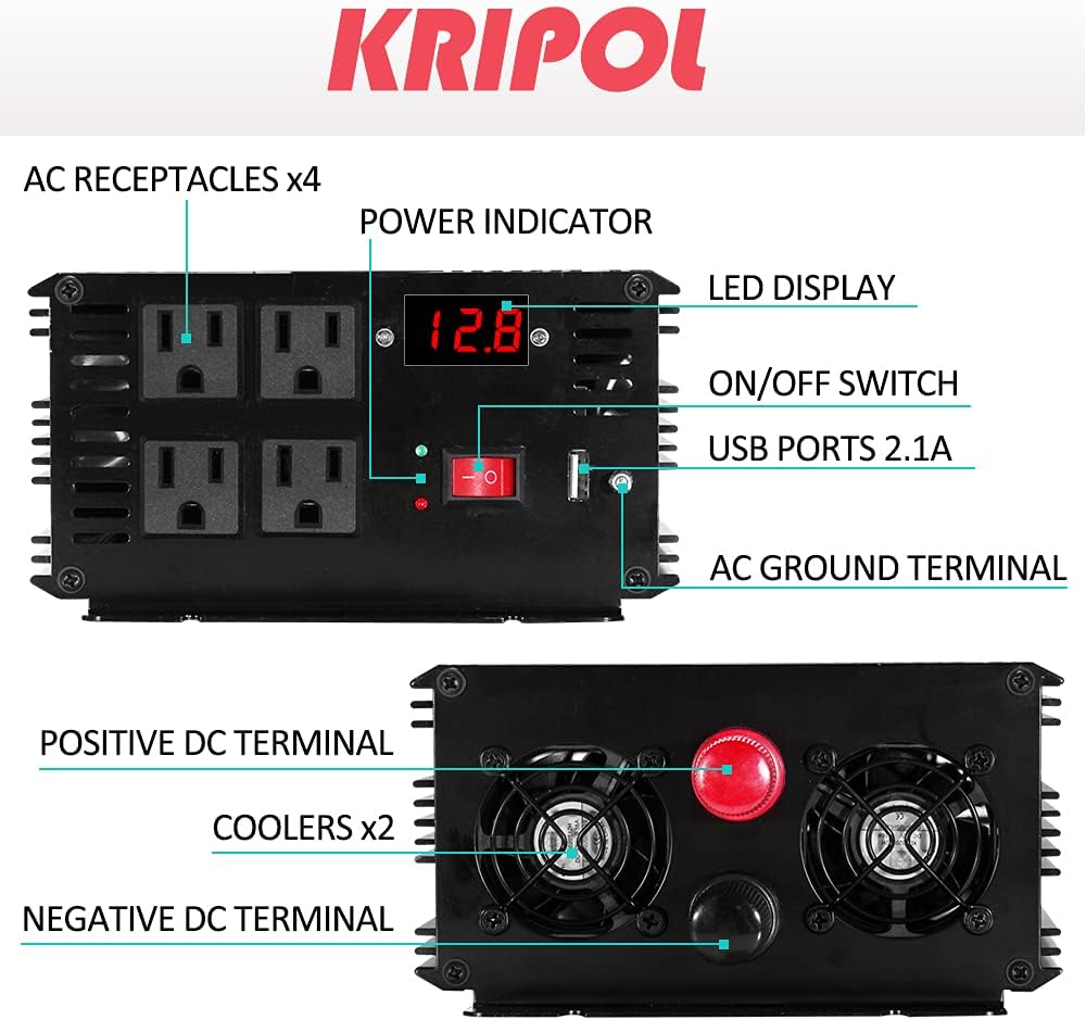 Pure Sine Wave Inverter 2000 Watt, Power Converter 12V DC to 110v/120v AC, Car Inverter with 4 AC Outlets&USB Output 50M Wireless Remote Control and 2 Cooling Fans-Peak 4000 Watt(2000W-12V)