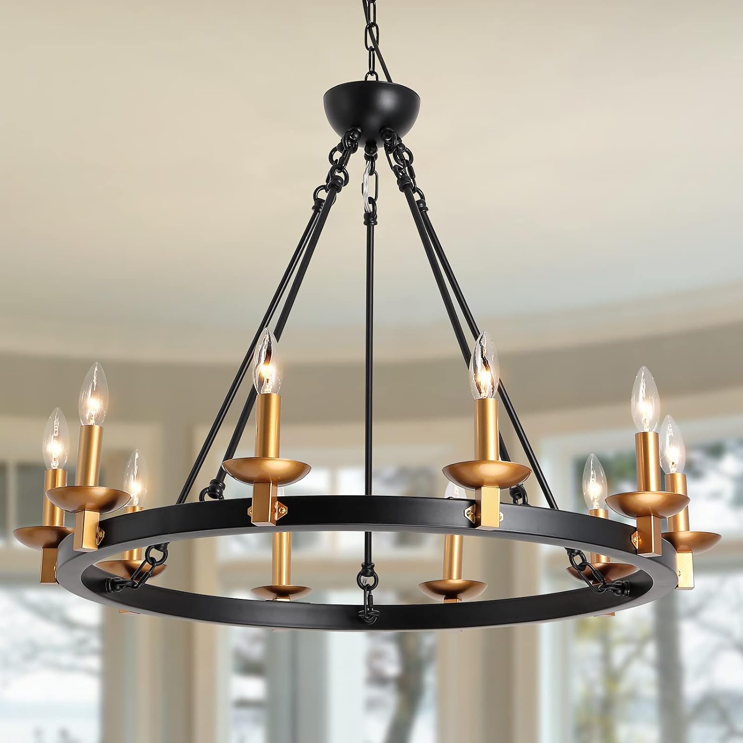 Farmhouse Rustic Chandelier, 10-Lights Black Wagon Wheel Pendant Candle Style Round Kitchen Island Light for Dining Room, Foyer Living Room