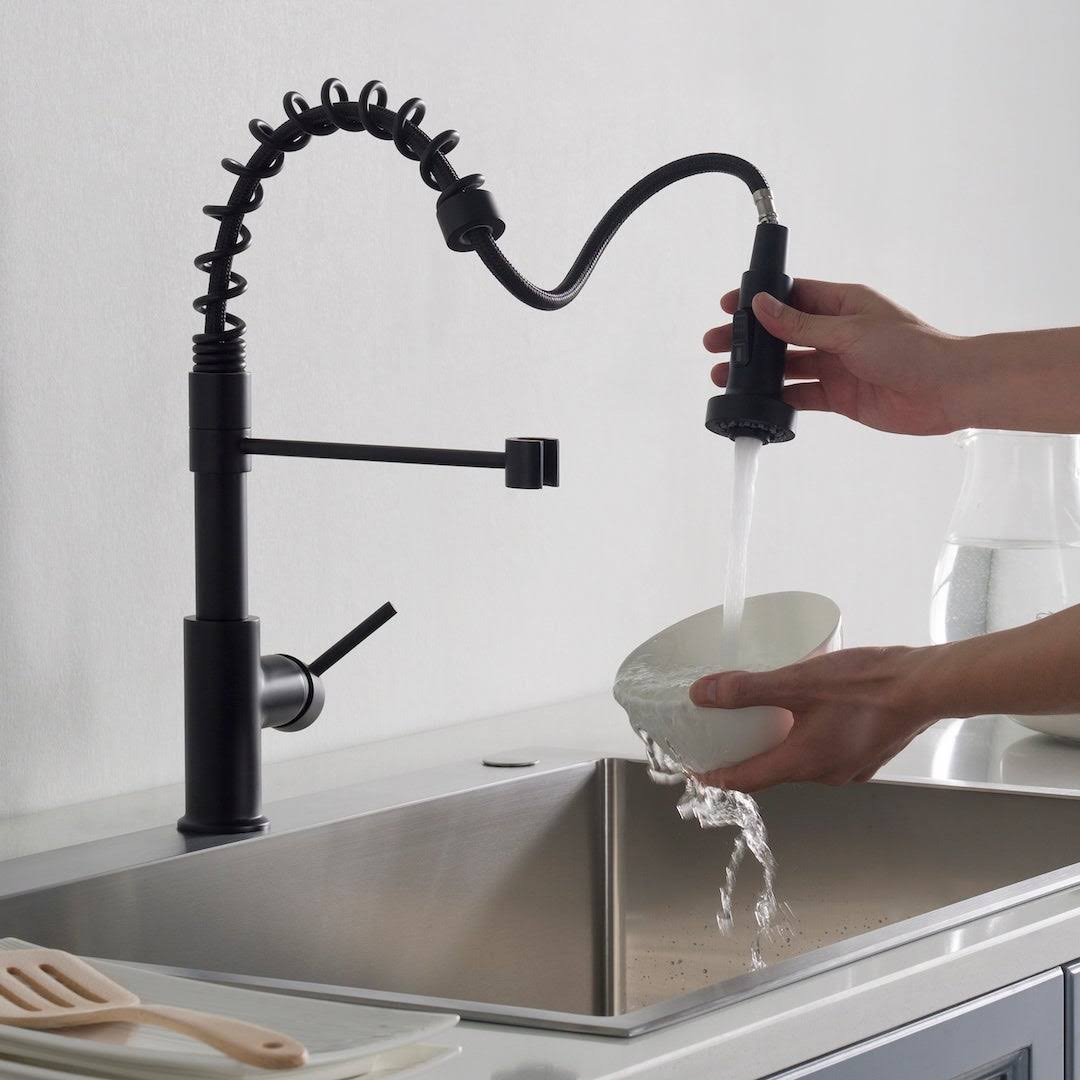 Solid Brass Single Handle Pull Out Kitchen Faucet - Matte Black with Soap Dispenser