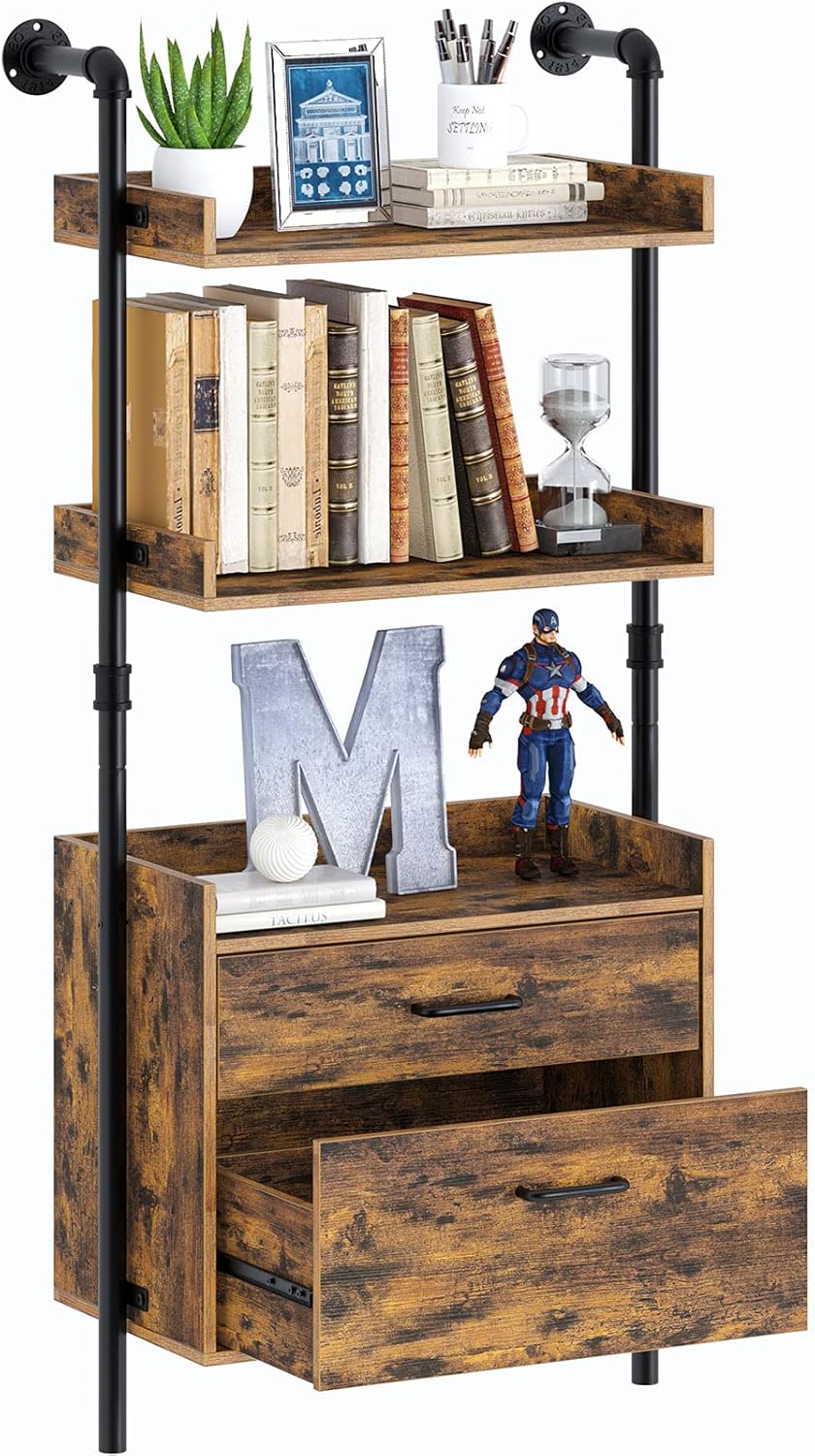 Rolanstar Industrial Bookshelf with 2 Wood Drawers, Wall Mounted 3-Tier Bookcase with Stable Metal Frame, Display Storage Rack with Shelf for Living Room, 49.9&rdquo; Retro Accent Furniture, Rustic Brown