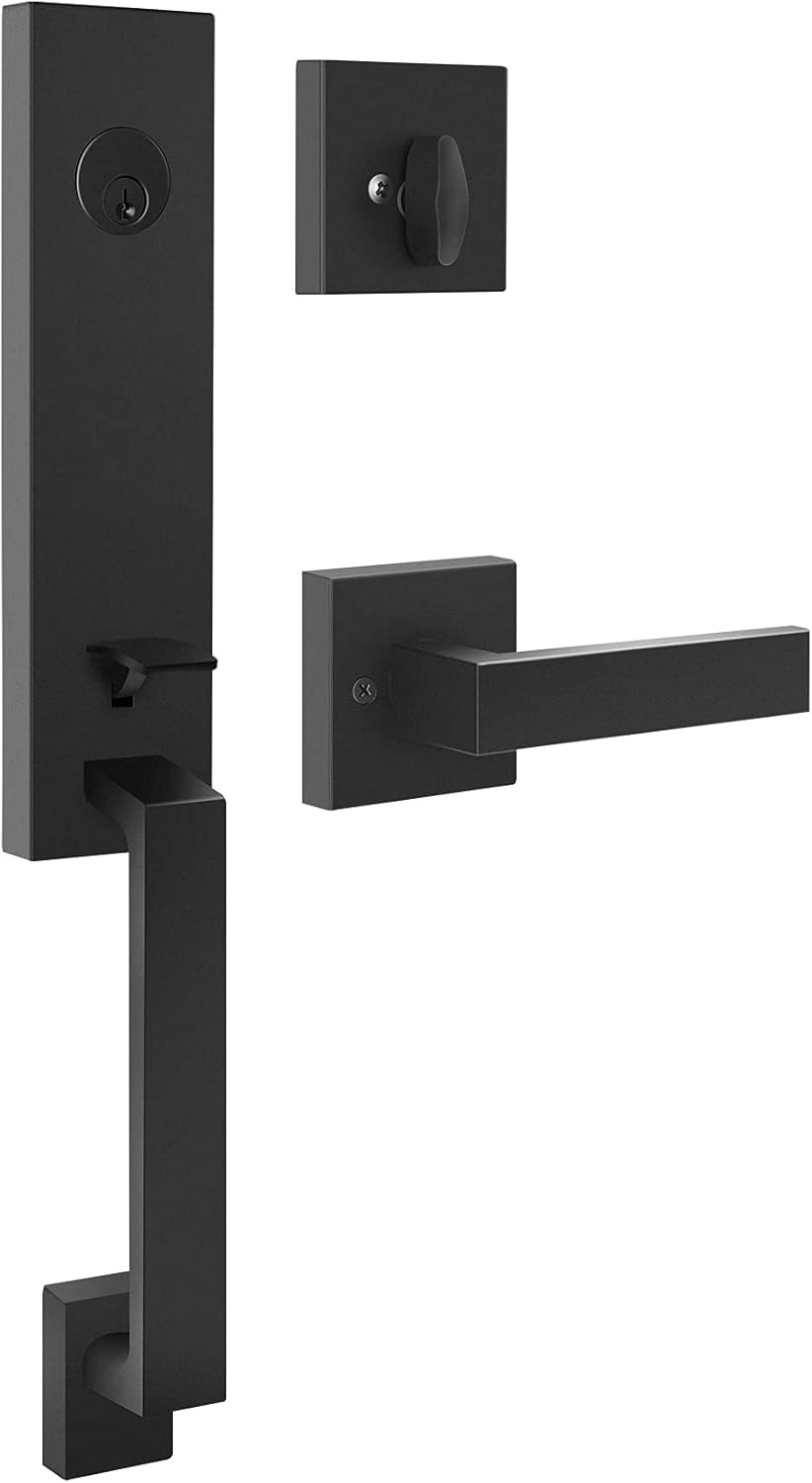 Alston Heavy Duty Single Cylinder HandleSet with Lever Modish Slim Square Front Door Entry Handle and Deadbolt Lock Set for Front Door or Office Door Reversible for Right & Left Sided Doors Pack of 2