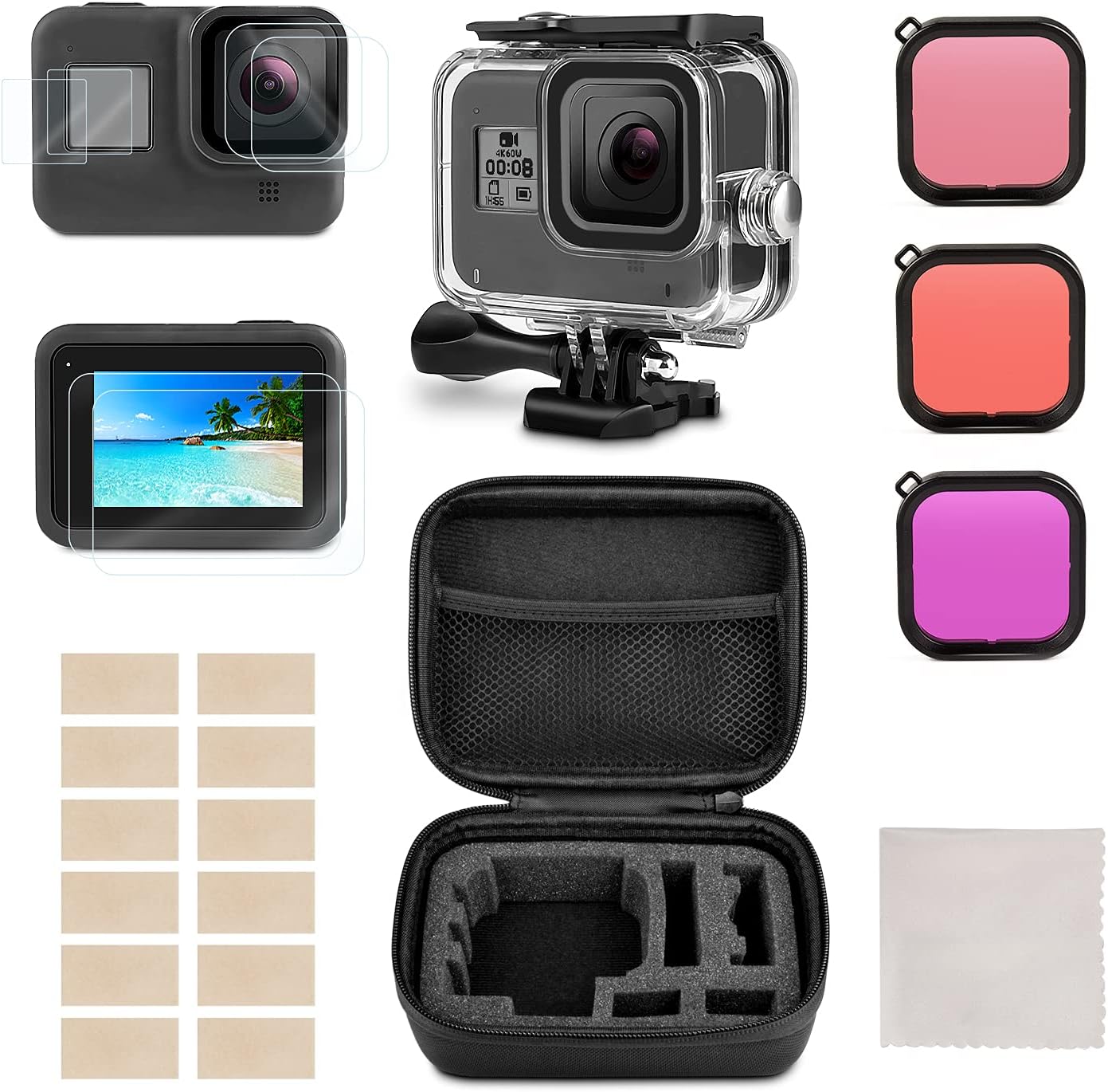 Waterproof Housing Case Accessories Kit Compatible with GoPro Hero 8 Bundle Include Waterproof Housing Case + Tempered Glass Screen Protector + Carrying Case + Snorkel Filter + Anti-Fog Inserts