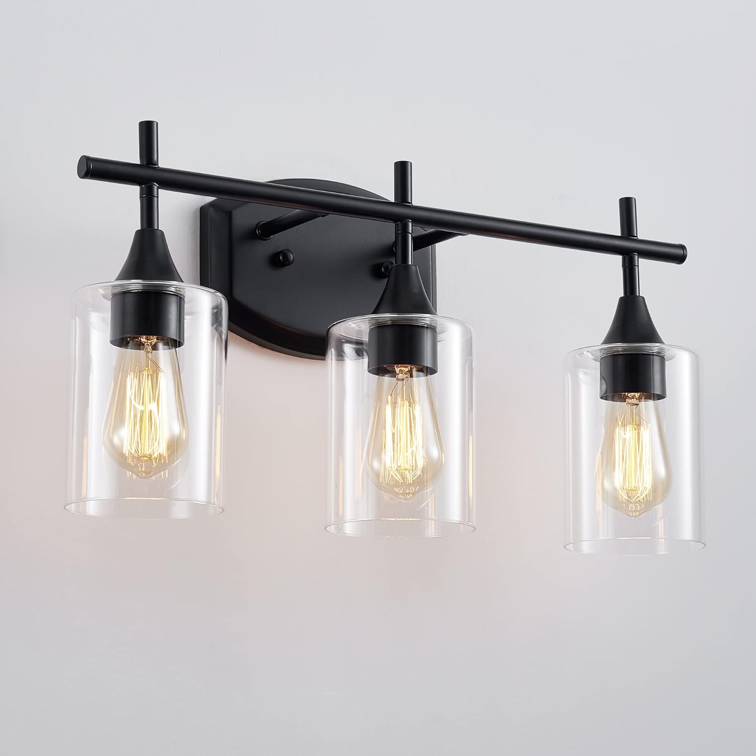 LEDIARY Bathroom Vanity Light, 3-Light Matte Black Bathroom Light Fixtures with Clear Glass Shades, Industrial Light Fixtures Over Mirror for Bedroom, Porch, Vanity Table - E26 Base