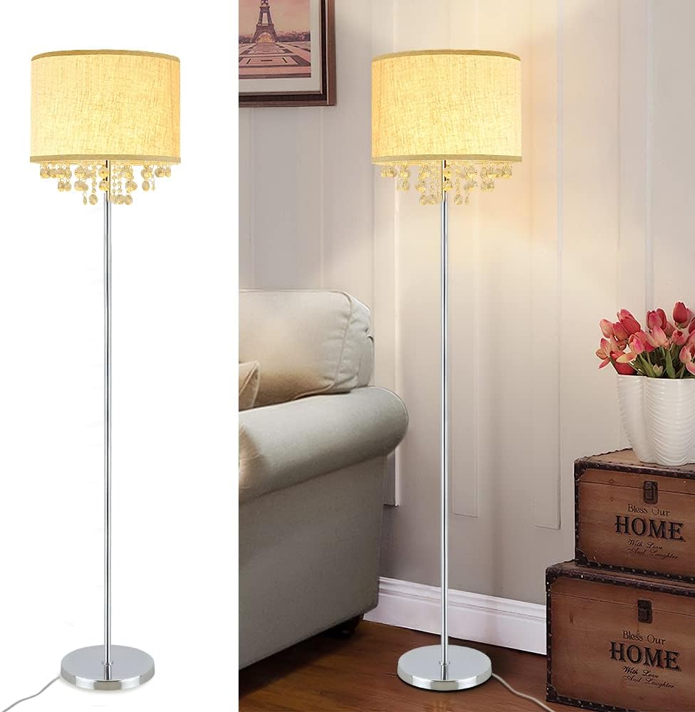 DLLT Crystal Living Room LED Floor Lamp-Bedroom Standing Lights, Elegant Tall Pole Accent Lighting for Mid Century, Modern & Contemporary Rooms, Warm Light with US Plug in, Silver, Fabric Shade