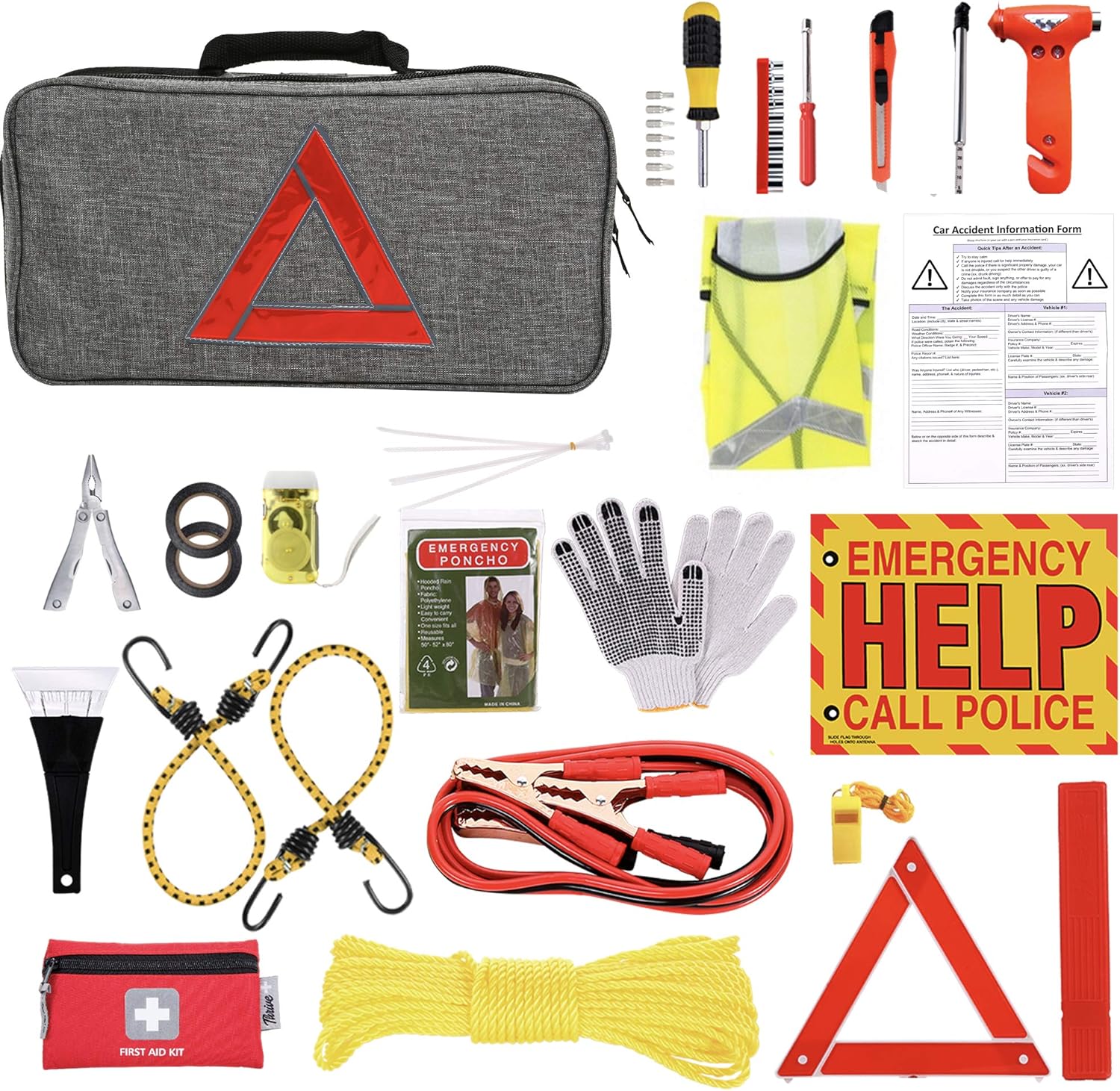 Thrive Car Emergency Kit with Jumper Cables + First Aid Kit | Auto Emergency Kit & Car Accessories | Roadside Vehicle Assistance | Car Tool Kit Bag | Road Trip Essentials (in Gray Bag)