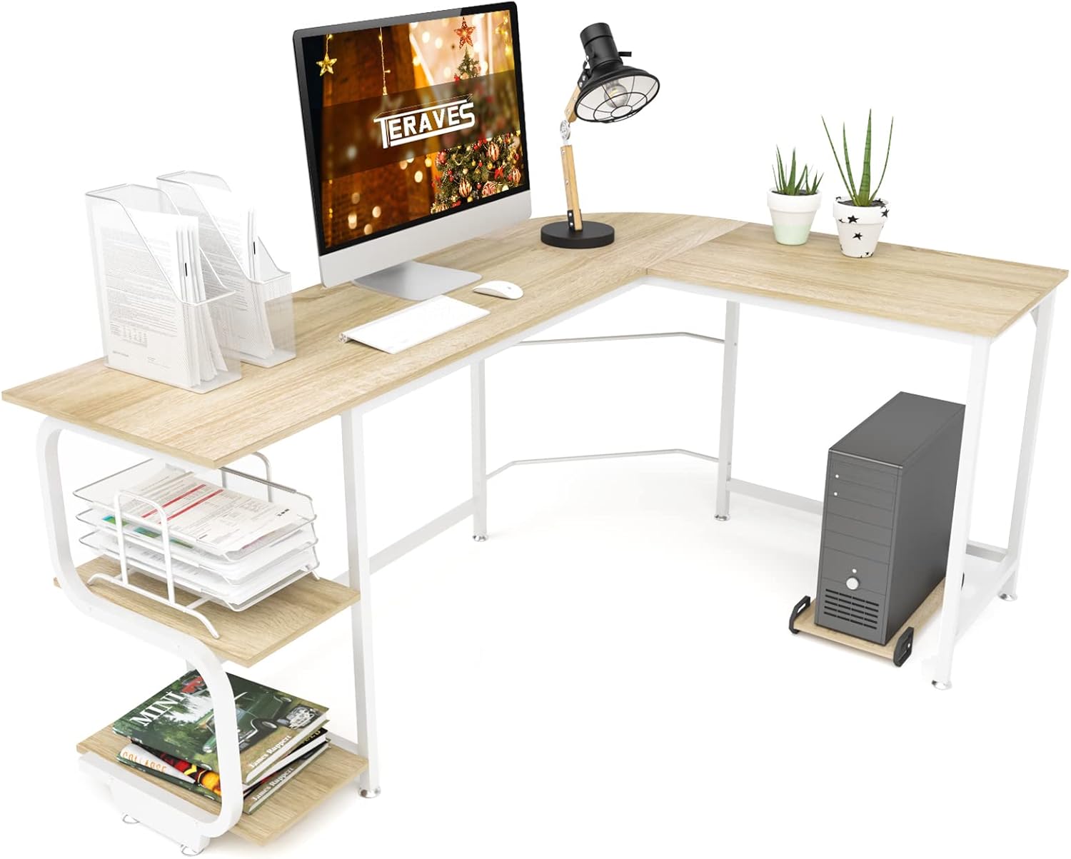 Teraves Reversible L Shaped Desk with Shelves Computer Desk Gaming Desk for Home Office Round Corner Office Desk for Small Space