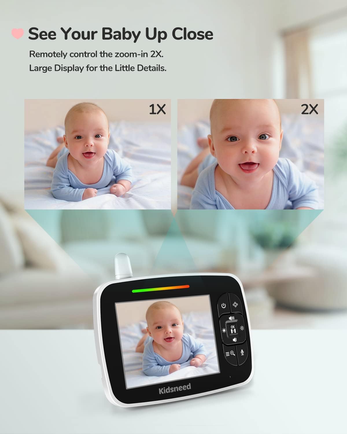 Baby Monitor, Kidsneed Video Baby Monitor with Remote Pan-Tilt-Zoom Camera and Audio, Large Screen Night Vision, Two Way Talk, Temperature Display, Lullabies, VOX Mode, 960ft Range Pack of 2