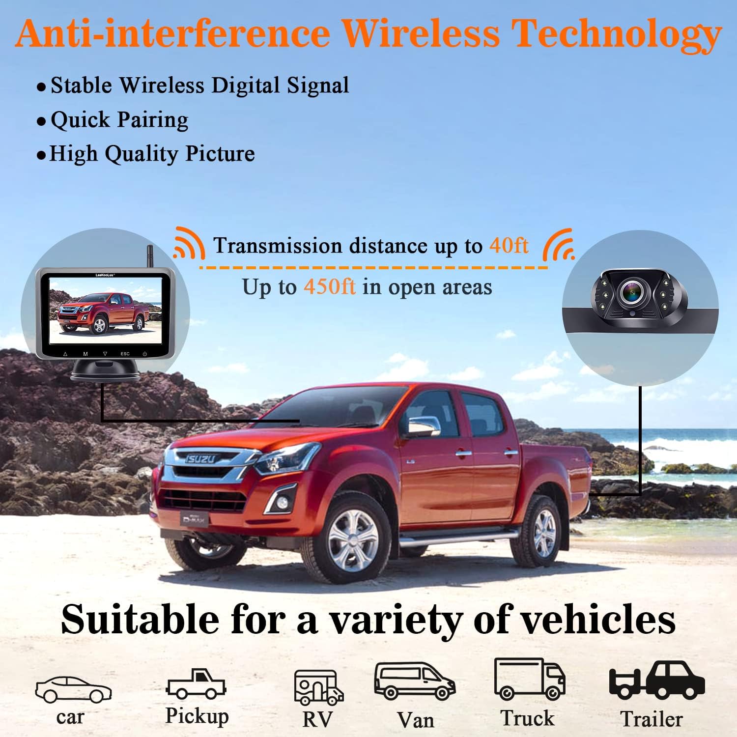 Wireless Backup Camera HD 1080P 5 Inch Monitor Touch Key Screen WiFi Rear View System for Car,Truck,Camper,Van Two&nbsp;Channels LeeKooLuu LK10