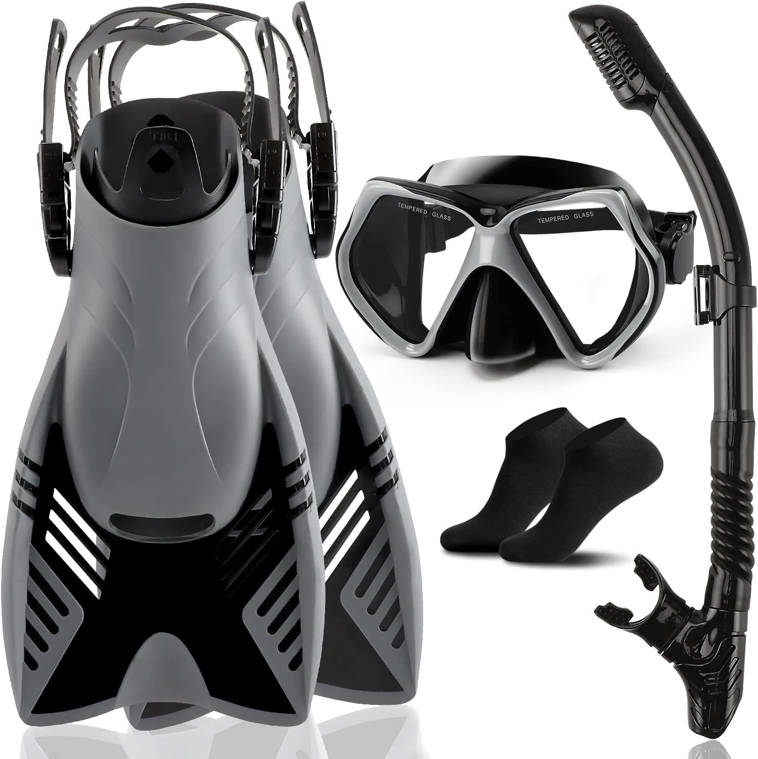 Snorkeling Set with Fins Mask, Dry Top Snorkel, Adjustable Dive Flippers Kit - Panoramic View Anti-Fog Diving Mask for Snorkeling Swimming Freediving Kids, Juniors, Age 5-14 - Grey/S Pack of 2