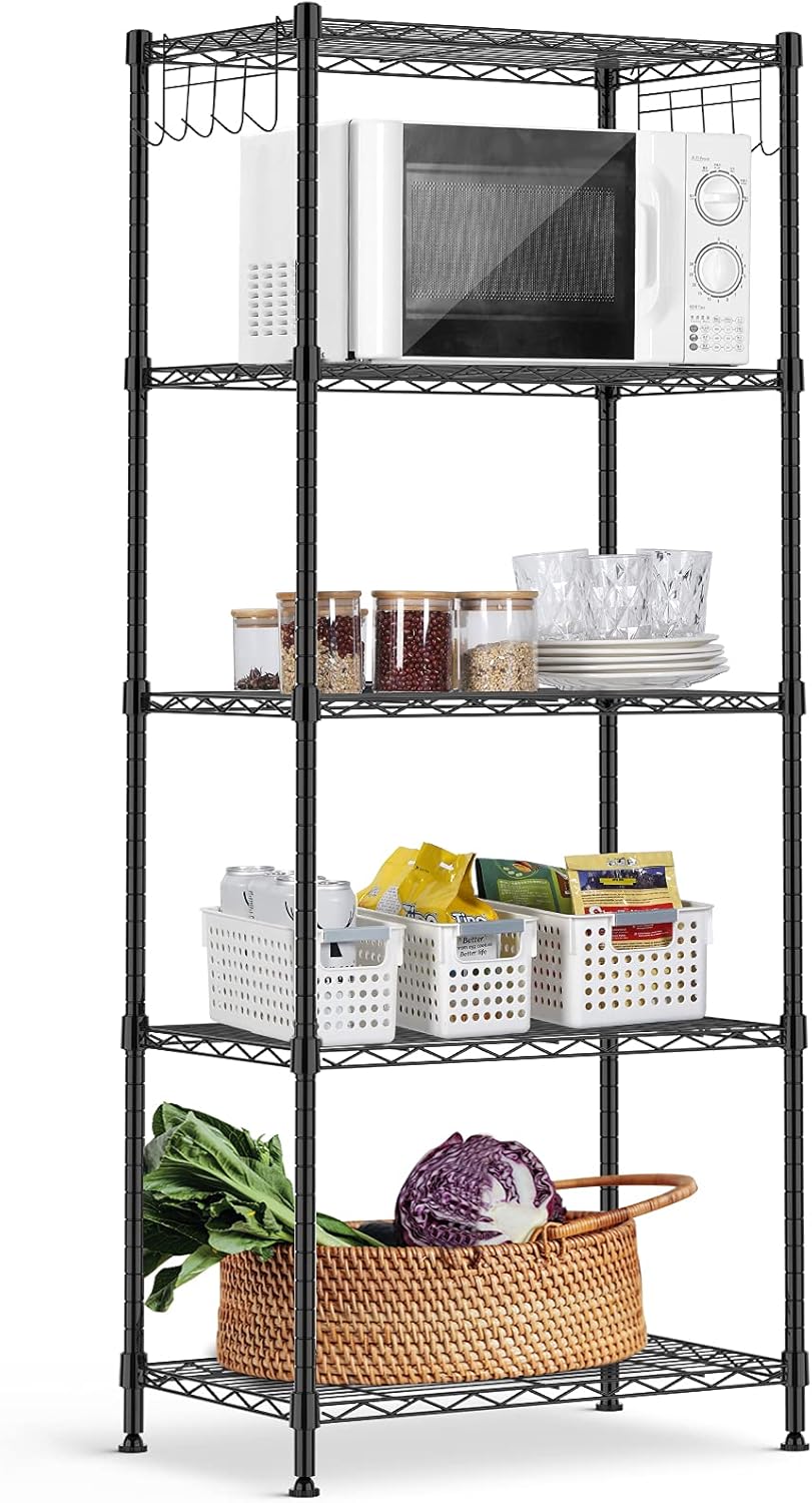 ALVOROG 5-Shelf Shelving Storage Unit Heavy Duty Metal Organizer Wire Rack with Leveling Feet and Hooks Adjustable Shelves for Bathroom Kitchen Garage (23.2Lx13.4Wx59.1H) Pack of 2