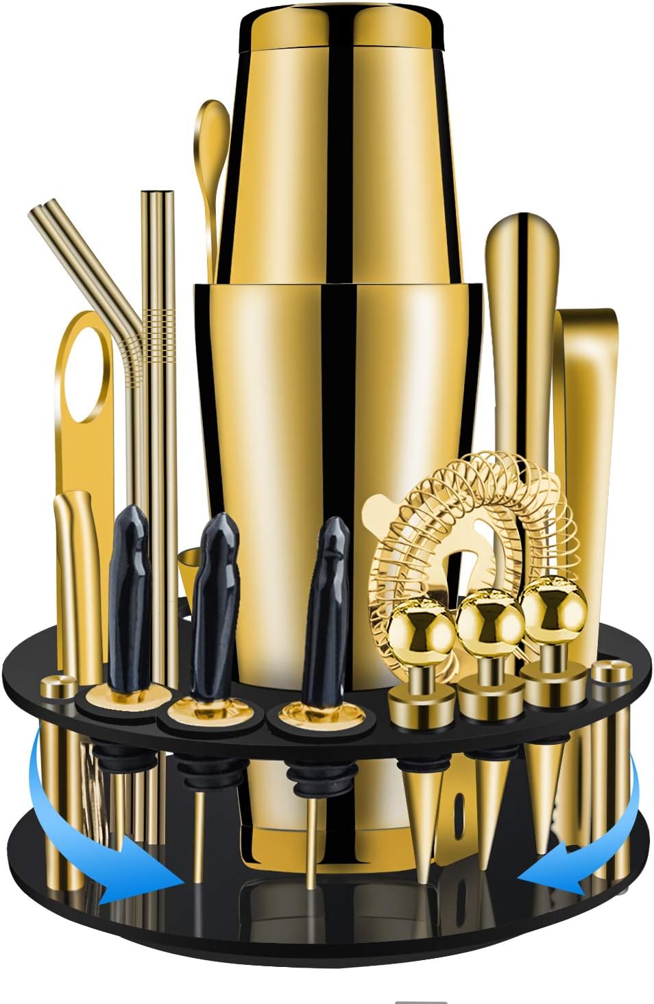 X-cosrack Boston Bartender Kit with Revolving Stand: 19 Pcs Stainless Steel Cocktail Shaker Set, Professional Home Bar Tools for an Awesome Drink Mixing Experience Pack of 2