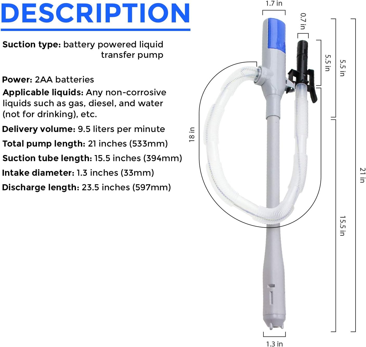 2 Pumps - TERA PUMP 2AA Battery Powered Siphon Fuel Pump with Auto Stop & Buzzer ( 2.4 Gallons per Min ) Pack of 2