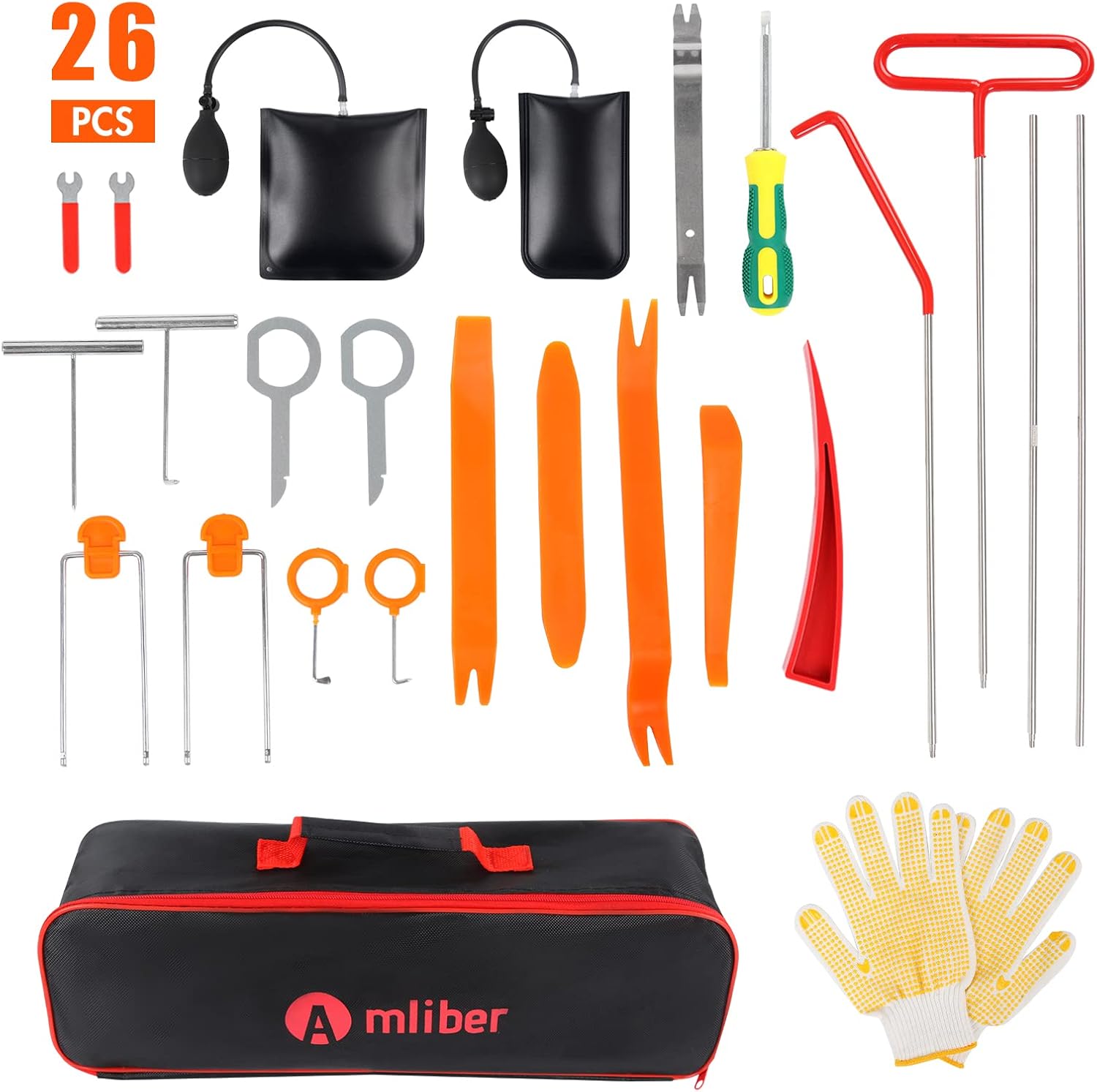 Amliber 26Pcs Car Tool Kit with Non Marring Wedge, Air Pump Bag, Stainless Steel Long Reach Tools, Auto Trim Removal Tool, Emergency Car Kit for Vehicles