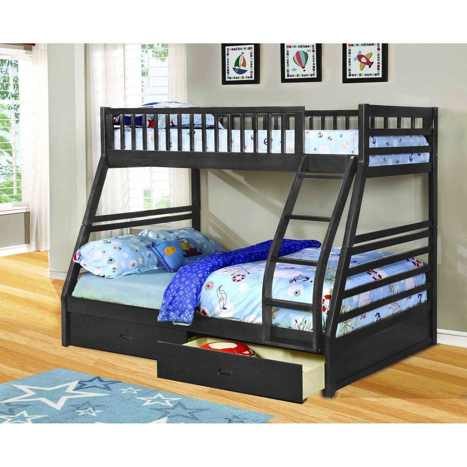 78.75x22 x 42.5-57.25x22 x 65x22 Grey Manufactured Wood and Solid Wood Twin or Full Bunk Bed with 2 Drawers