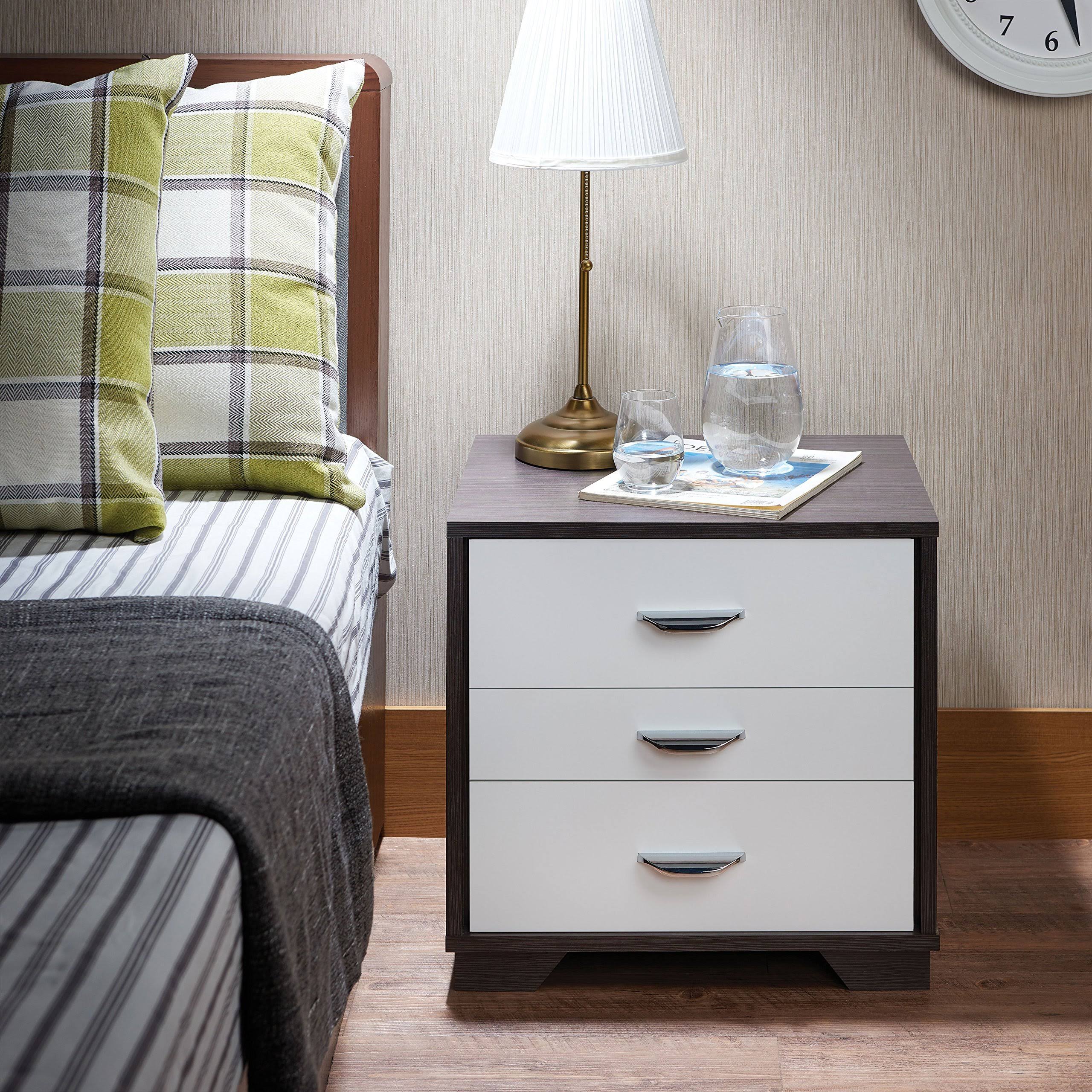 Benzara Classic 3 Drawers Wood Nightstand, White u0026 Black