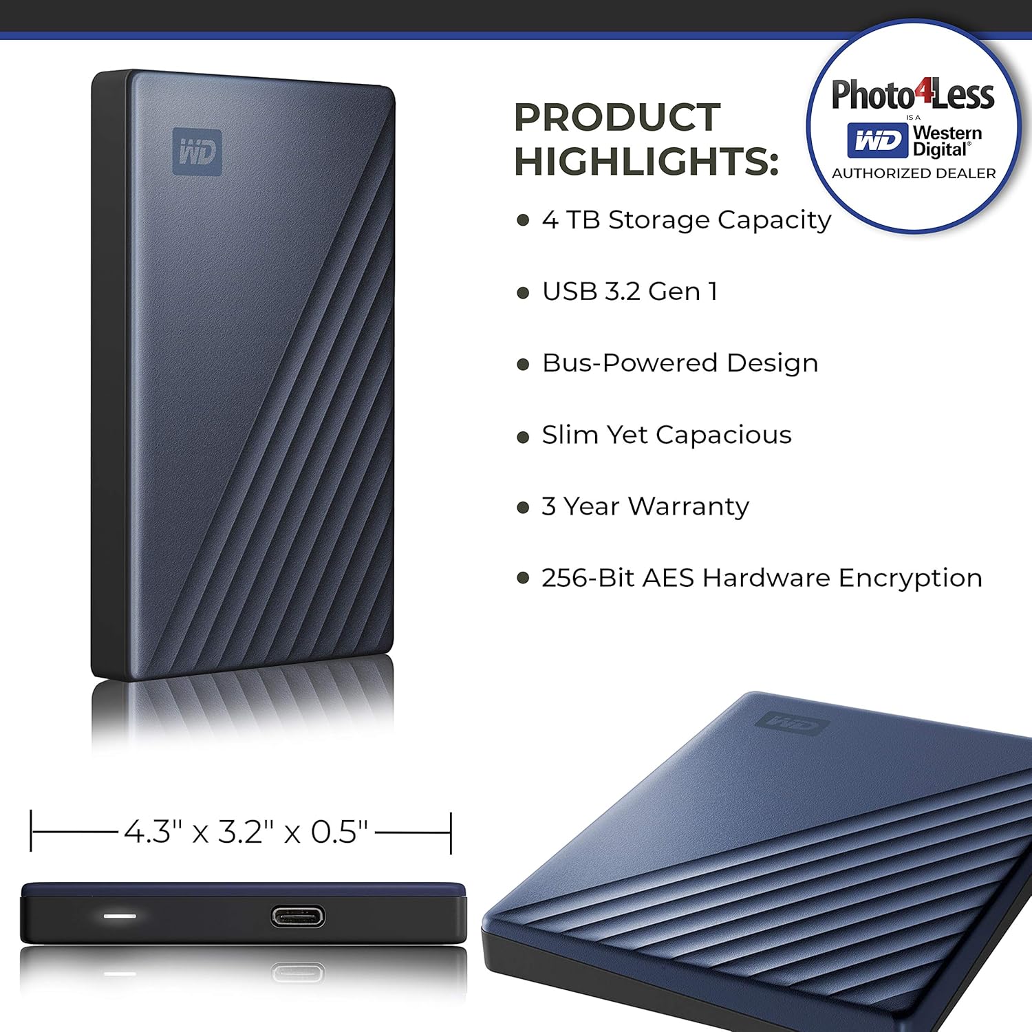 2 WD 4TB My Passport Ultra USB 3.0 Type-C Slim Portable External Hard Drives (Blue) + 2 Compact Hard Drive Cases (Navy Blue)