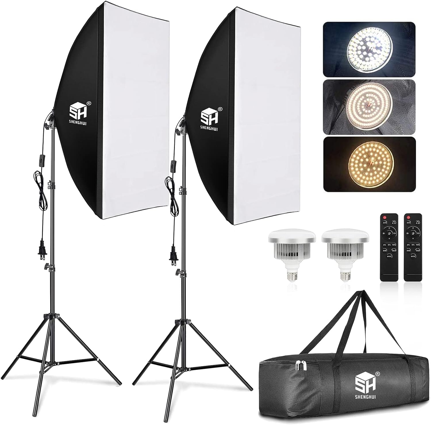 SH Softbox Lighting Kit Studio Lights LED Photography Lighting Equipment with 2 Remote Dimming 6000K Bulbs for Photography, Vlogging, Podcast, Video, Live Stream, Film etc. Pack of 2