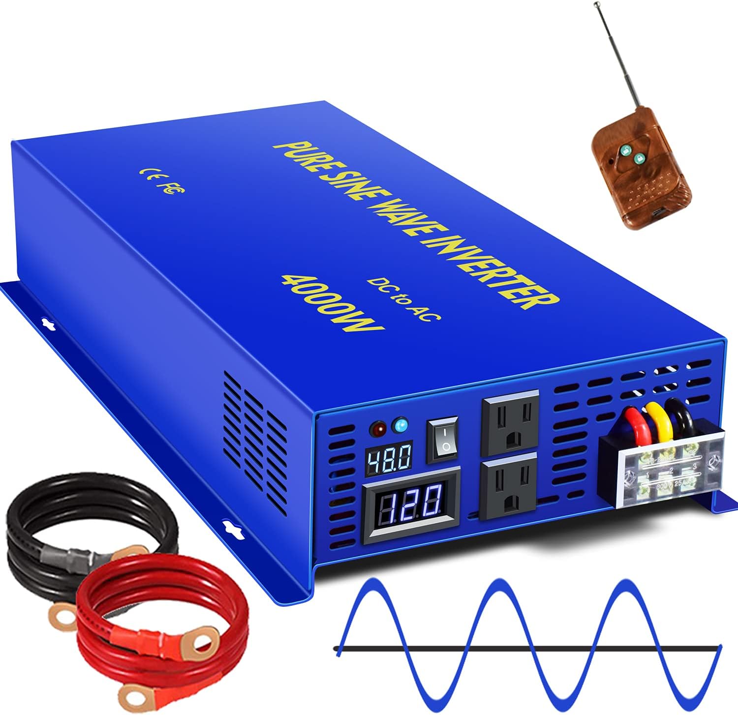 XYZ INVT 4000W Pure Sine Wave Inverter 48V DC to 120V AC Surge 8000 Watt Power Converter Generator with Wireless 100ft Remote Control for Solar System, Home Grid Off, Camping, RV. (4000W 48V 120V)