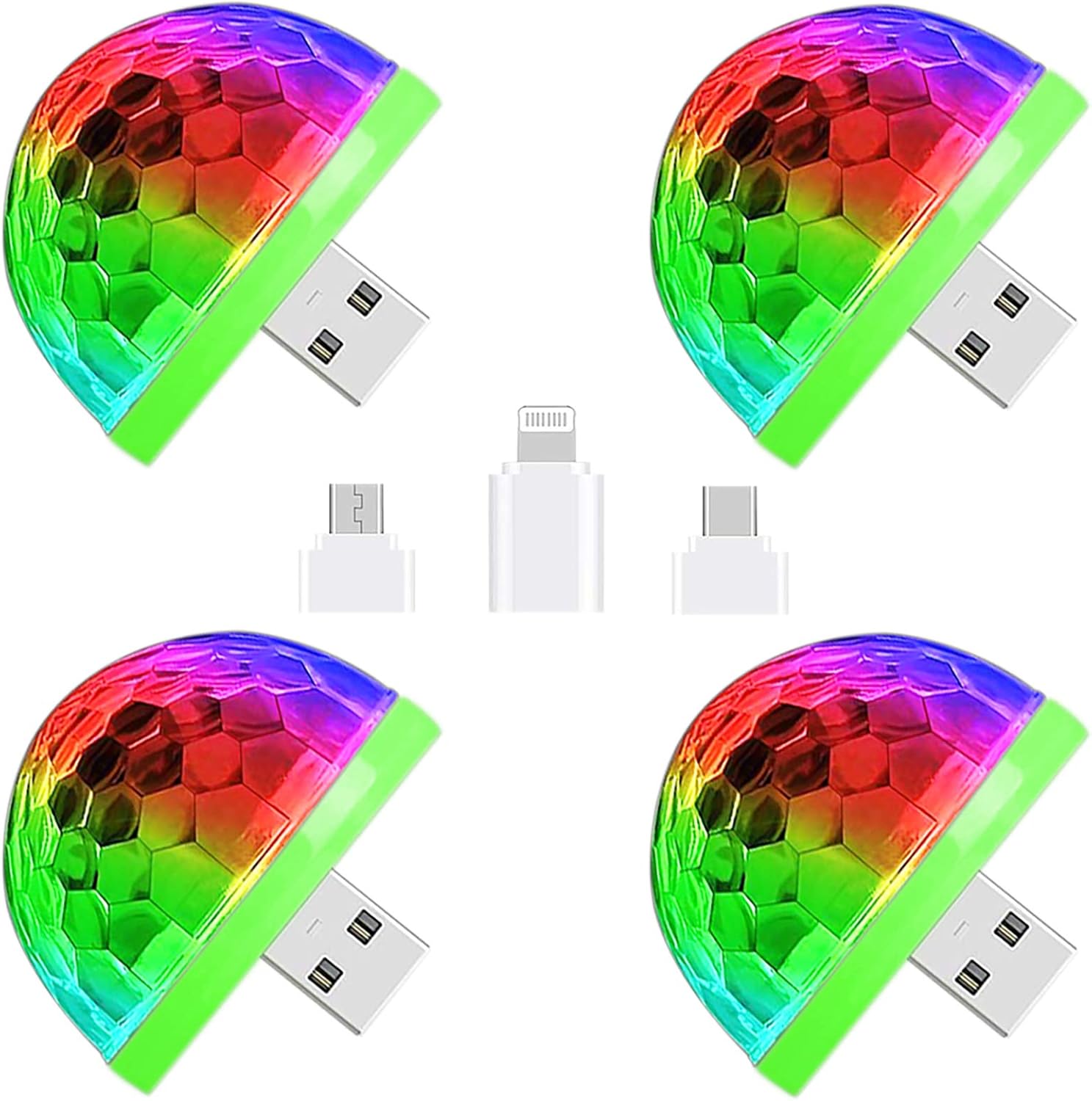 CZS USB Disco Ball Light Sound Activated LED Atmosphere Party Light Mini Portable DJ Ball Strobe Light with Adapters for Smart Phones, 4W (4 Pack)