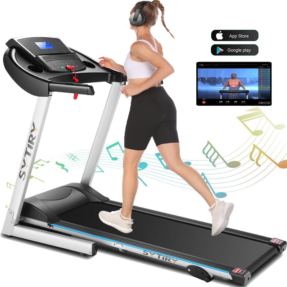SYTIRY Folding Treadmills for Home Exercise with 36 Preset Programs, APP Control, Speakers, Device Holders, Easy Assembly&Space Saving for Family/Office Multi-Functions Workout