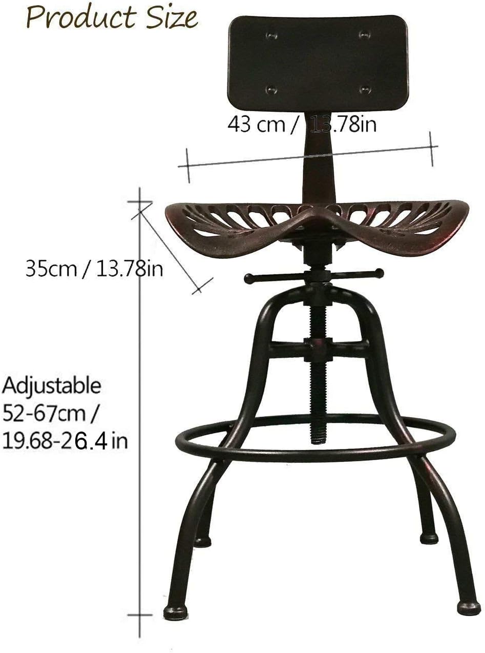 Cast Iron Tractor Seat Bar Stool with Backrest-Adjustable Swivel Industrial Metal Design Vintage Bar Stool-Kitchen Counter Height-19.68-26 Inch