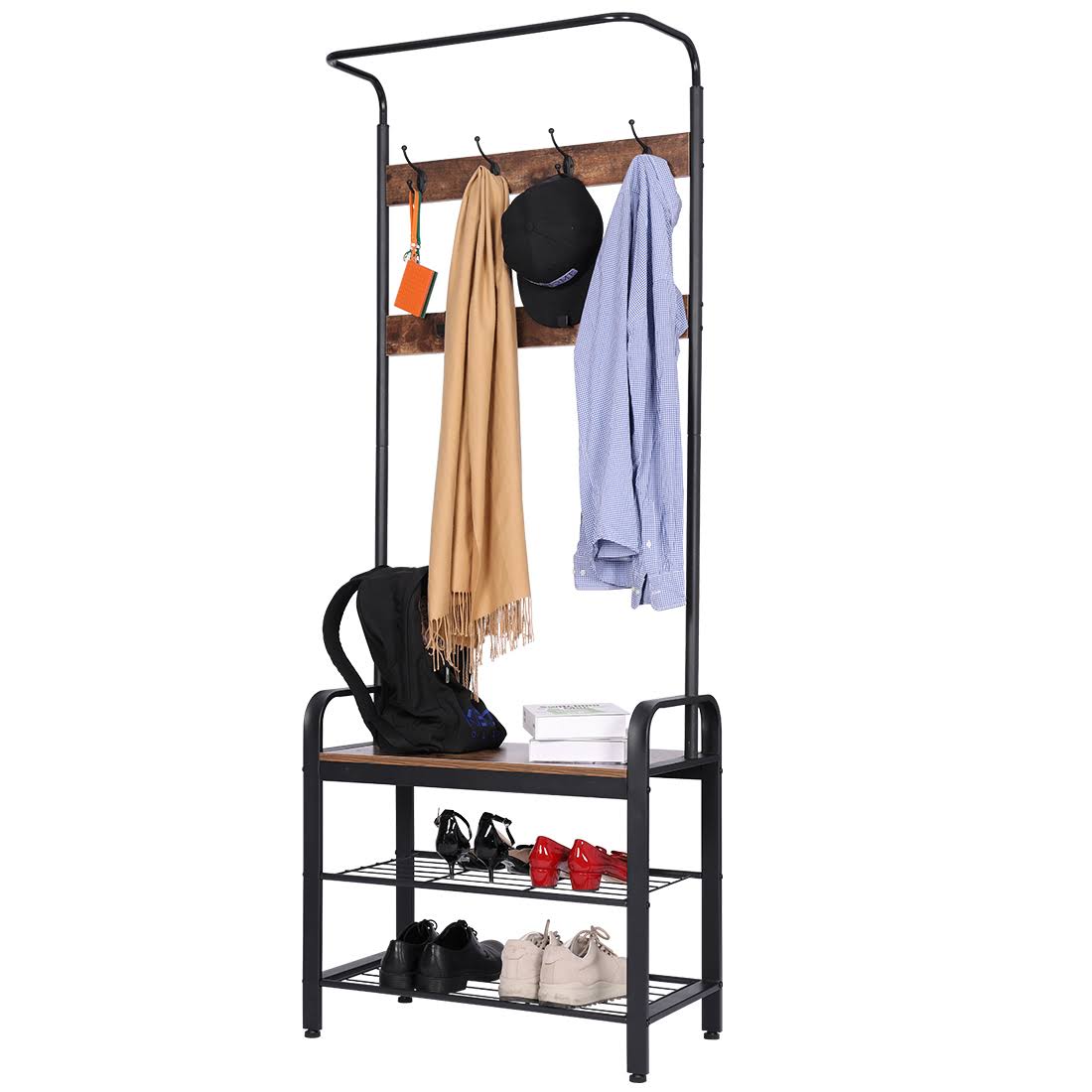 Unbrand VIVOHOME 3-in-1 Entryway Hall Tree, Stand Coat Rack Storage Bench, 8 Hooks Brown