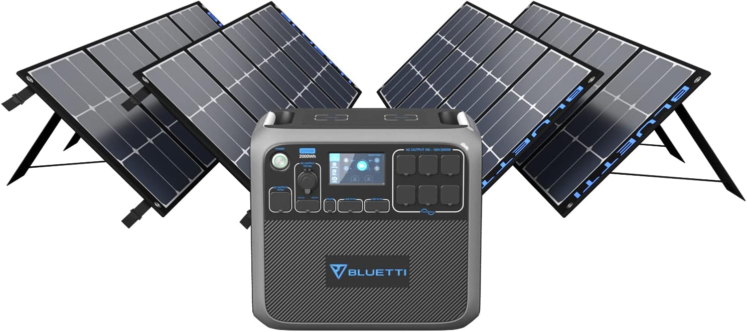BLUETTI AC200P Portable Power Station with Solar Panel Included 2000W 2000Wh Solar Generator with 4pcs SP120 120W Foldable Solar Panel, 6 120V AC Outlet Lithium Battery Backup for Home Use Outdoor Camping