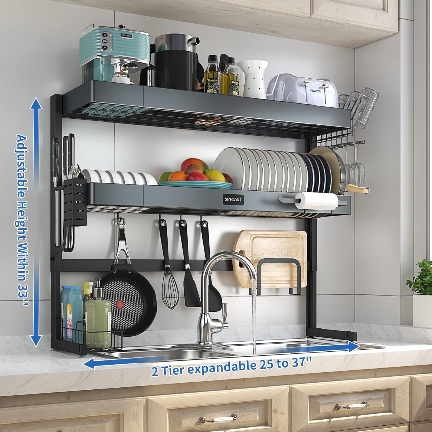 Expandable Dish Drainer Over The Sink, 2-Tier Dish Drying Rack with Cutlery Drainer,Stainless Steel&hellip;