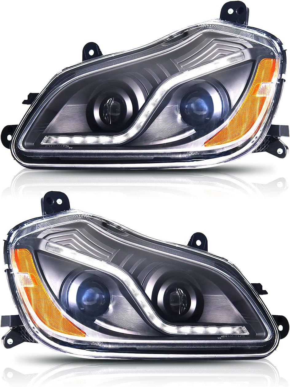 Kenworth T680 LED Headlinghts for 2013-2017, Pair Set Projector Headlamps, Left Driver and Right Passenger, Black