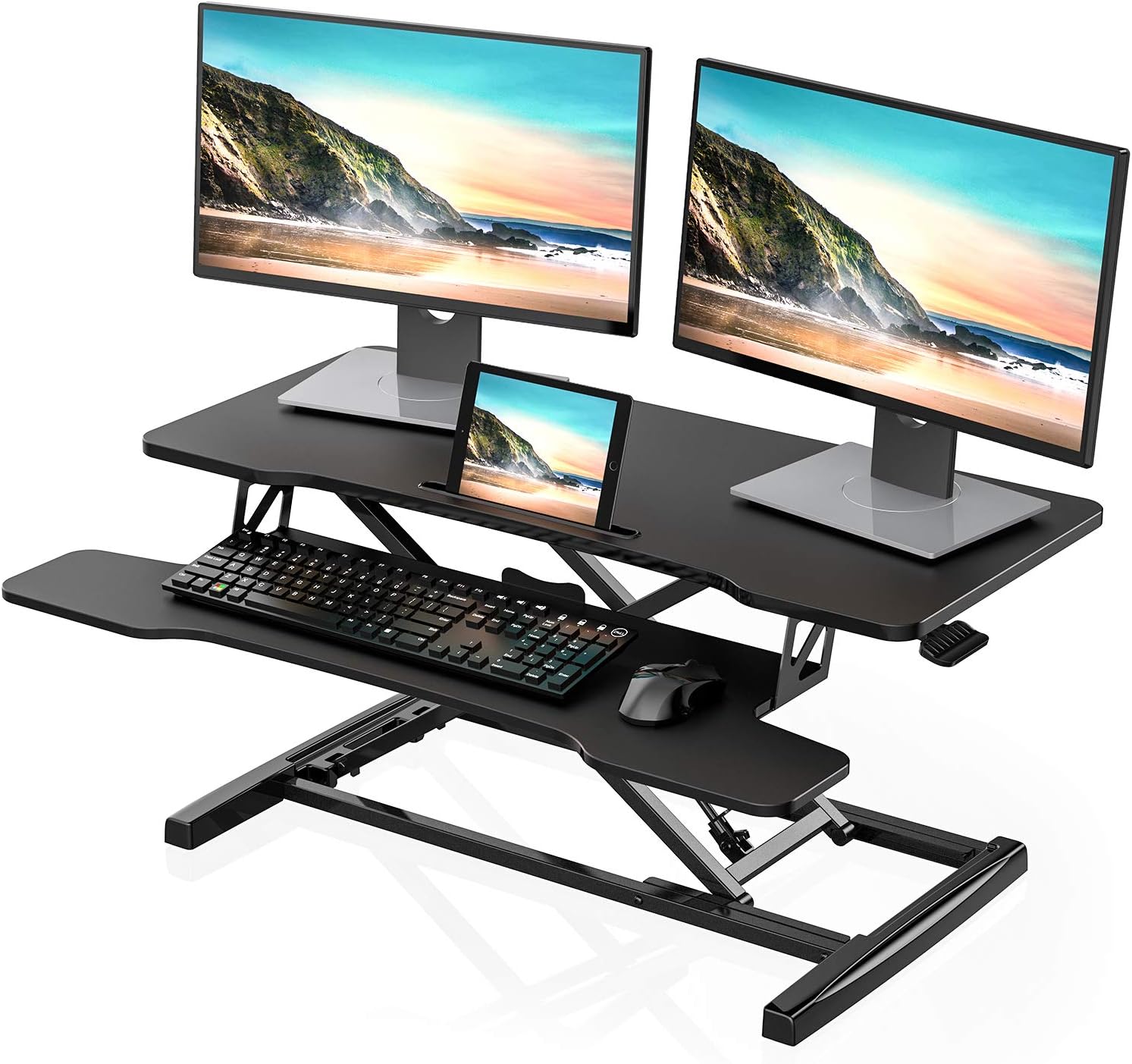 FITUEYES Height Adjustable Standing Desk Converter 36” Wide Sit to Stand Up Desk Tabletop Workstation with Wide Keybroad Tray Black SD309101WB