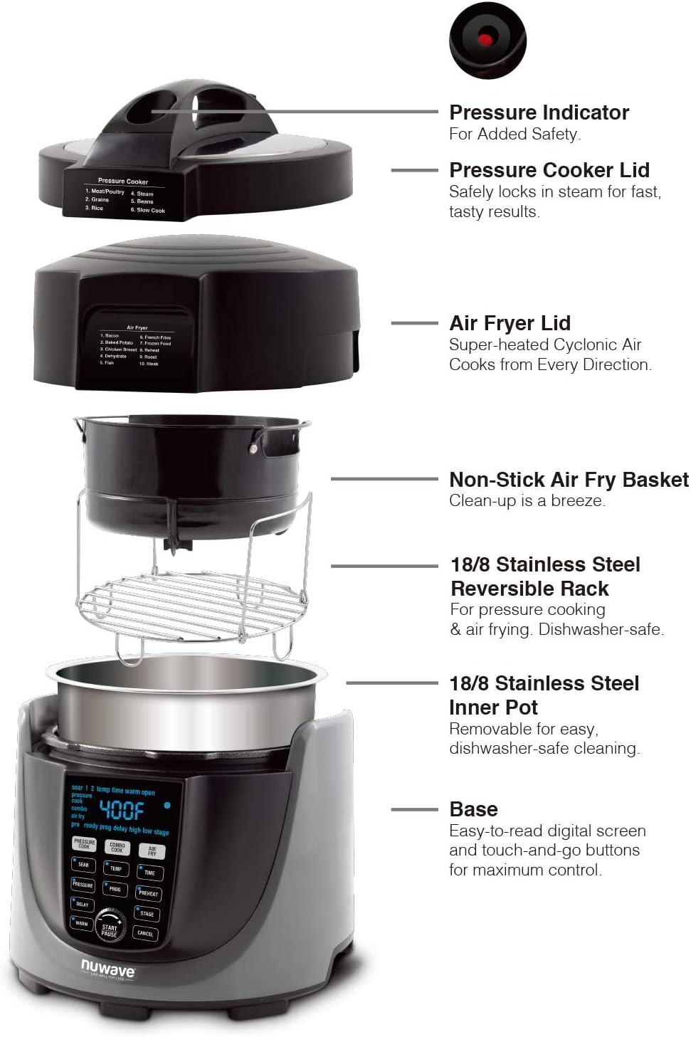 NUWAVE Duet Pressure Air Fryer, Combo Cook Technology, Removable Pressure and Air Fry Lids, 6QT Stainless Steel Pot, Stainless Steel Reversible Rack & 4 Quart Non-Stick Air Fryer Basket; Built-in Sure-Lock Safety Technology, Steam, Sear, Saute, Slow