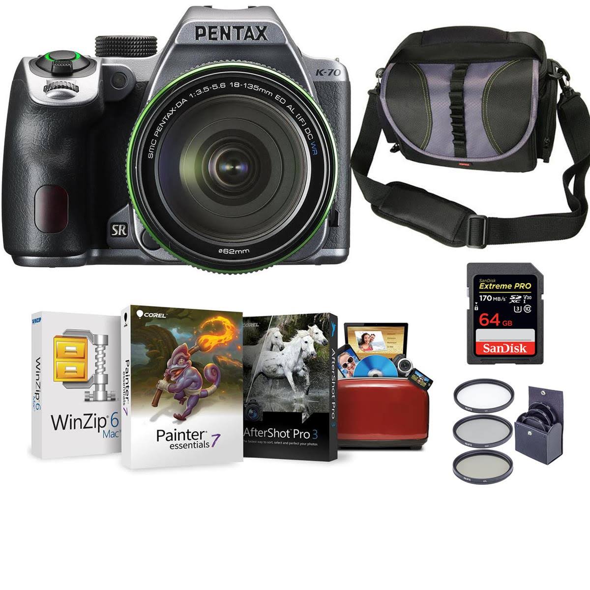 Pentax K-70 Dslr with 18-135mm WR Lens, Silver with Mac Software u0026 Accessories 16994 DM