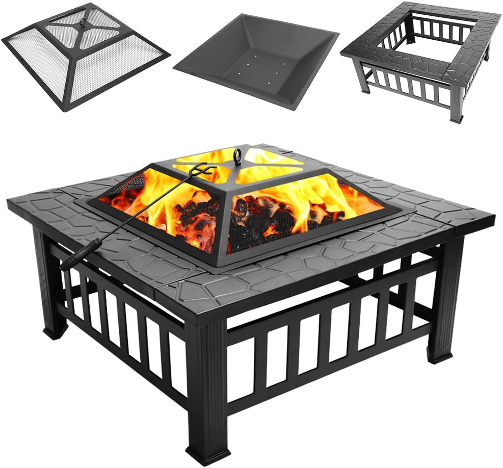 Cnnet 32 Inch Outdoor Metal Square Patio Table Fire Pit, Multifunctional Terrace Backyard BBQ Grill Garden Stove Ice Pit - Wood Burning Fireplace&nbsp;with Mesh Spark Screen Top, Wood Grate and Poker