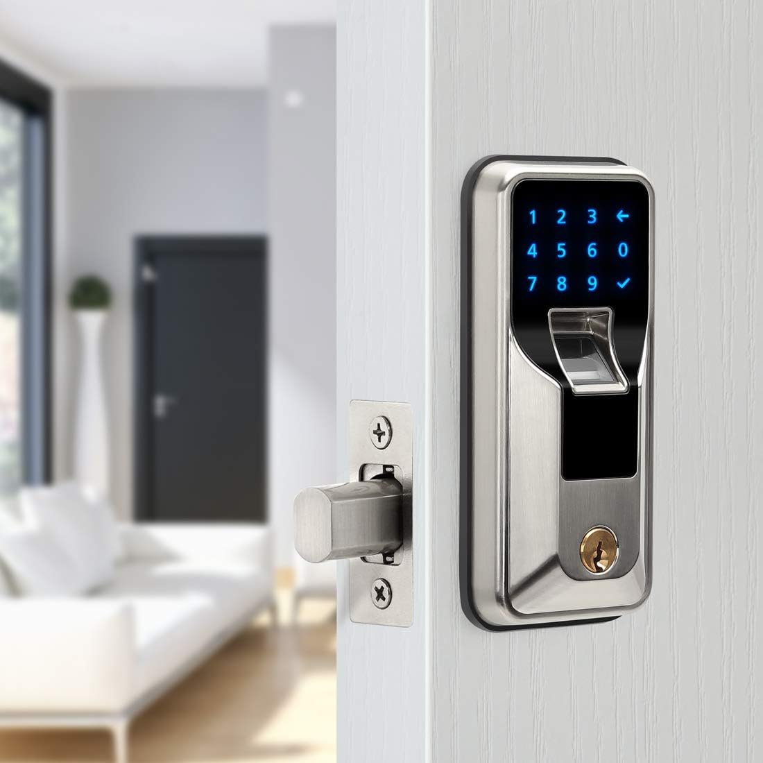 iMagic Electronic Fingerprint Deadbolt, Keypad Entry Door Lock, LED Touch Screen Keypad Lock with Built-in Alarm, One-Touch Locking and Back up Key, Easy to Install for Home and Office (Satin Nickel)