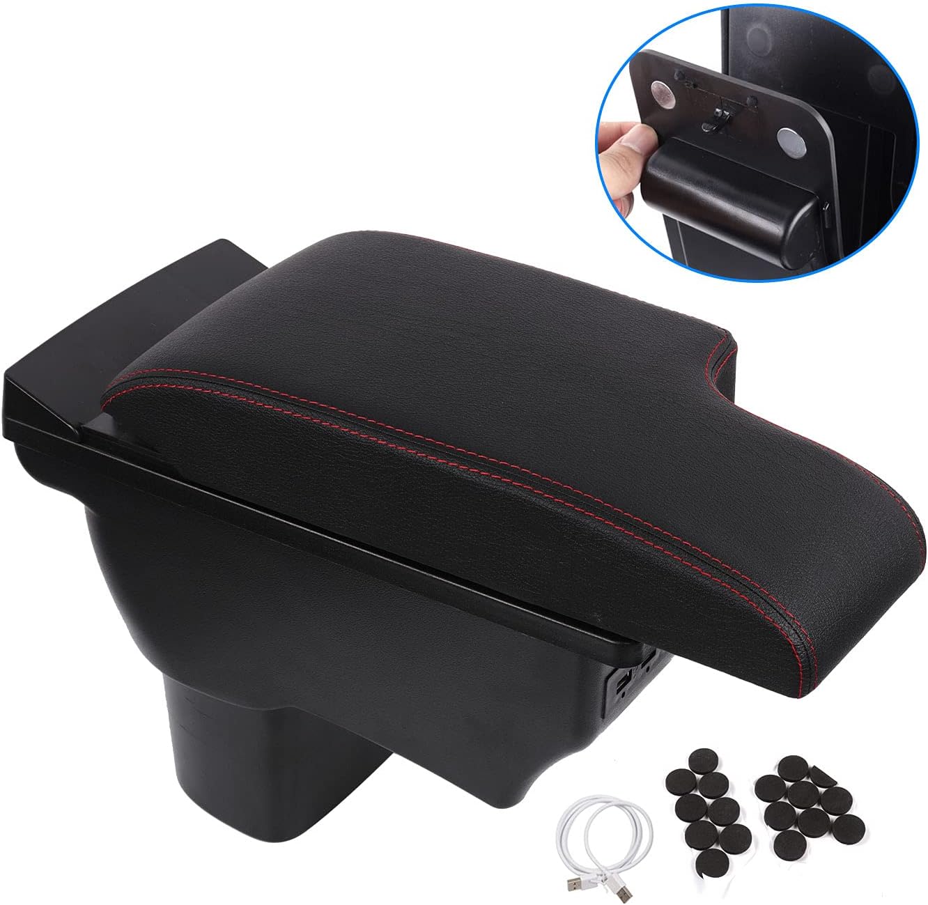 T TGBROS Car Armrest Box for 2011&ndash;2017 Nissan Juke Accessories Storage Center Console Double Layer Armrest Organizer Box 3 USB Port Black with Red