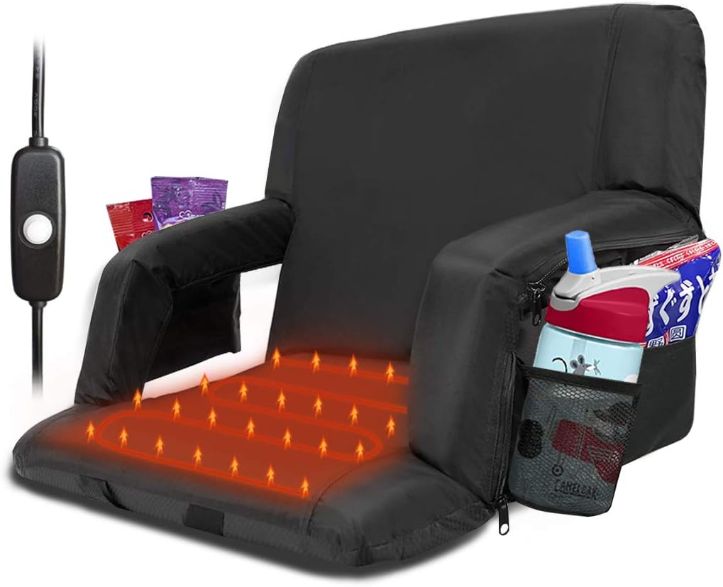 Blufree Extra Wide Heated Stadium Seat, Foldable Portable Bleacher Chair, 6 Reclinng Positions Back and Arm Support Thick Cushion for Outdoors Picnic Camping & Sports. (Not Include USB Power Bank)