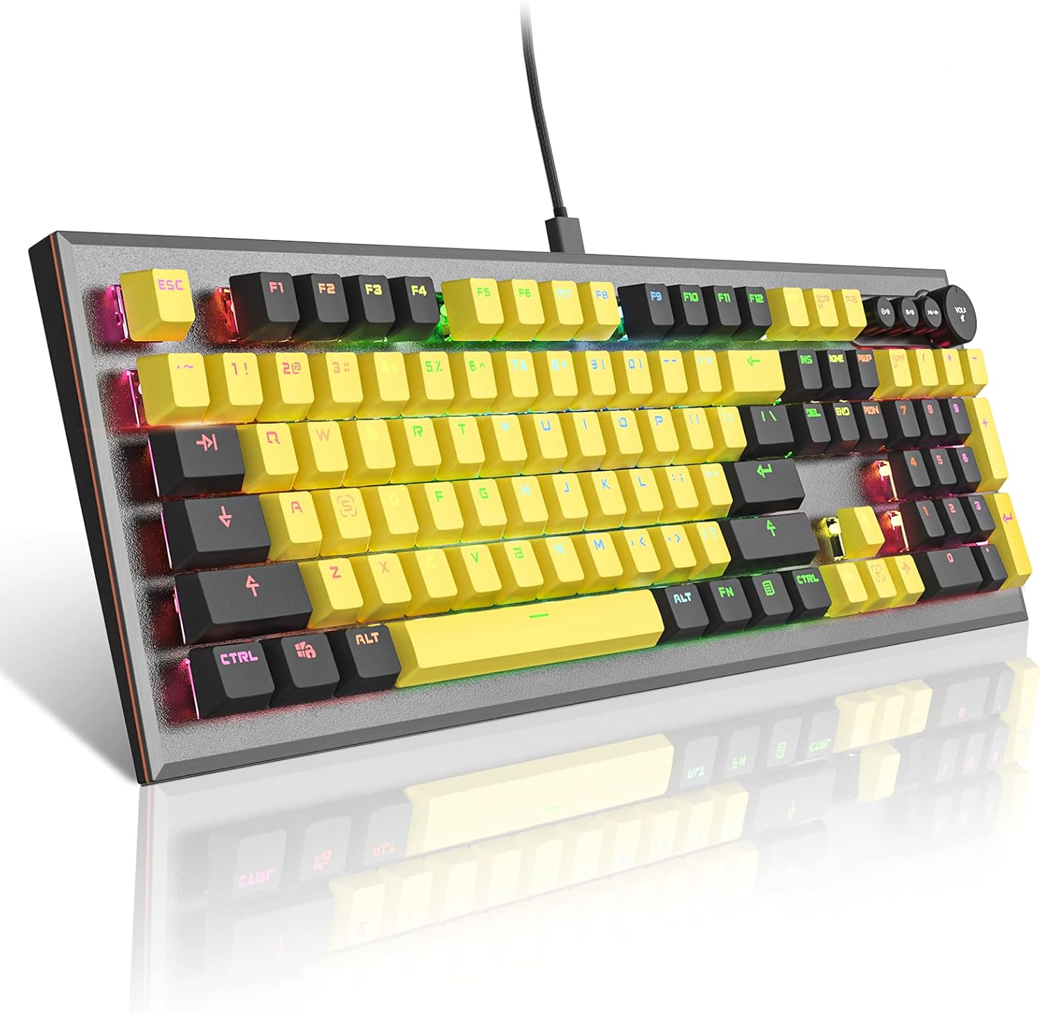 Mechanical Gaming Keyboard, PowerLead Wired Keyboard Rainbow RGB Backlit with Detachable Leather Wrist Rest, Programmable Settings with N-Key Flip, for Windows PC/MAC Games (104 Keys, Blue Switch)