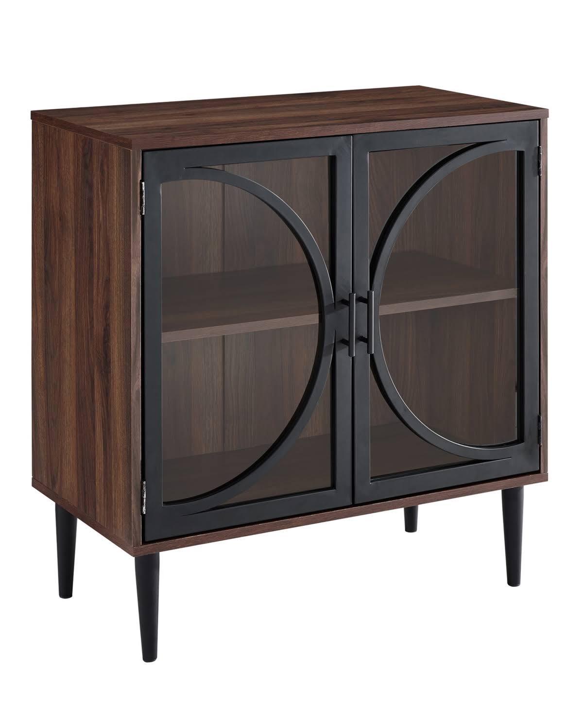 30 inch Metal Door Accent Console with Tempered Glass in Dark Walnut - Brown