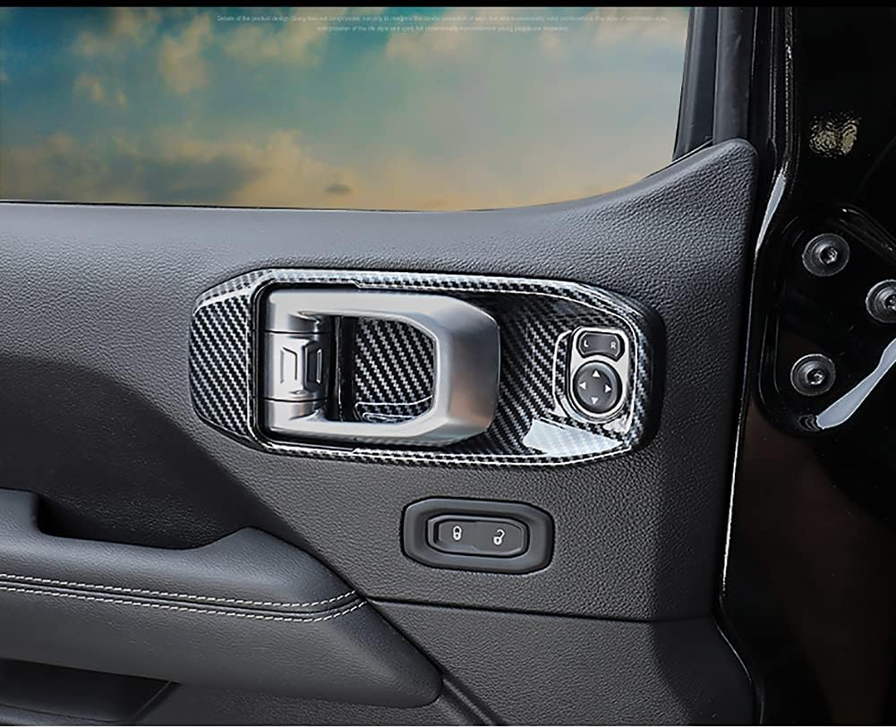 QHCP Car Inner Door Handle Bowl Frame Cover Sticker Trim ABS Carbon Fiber Style Black 4Pcs for Jeep Wrangler JL 2018 2019 2020 2021
