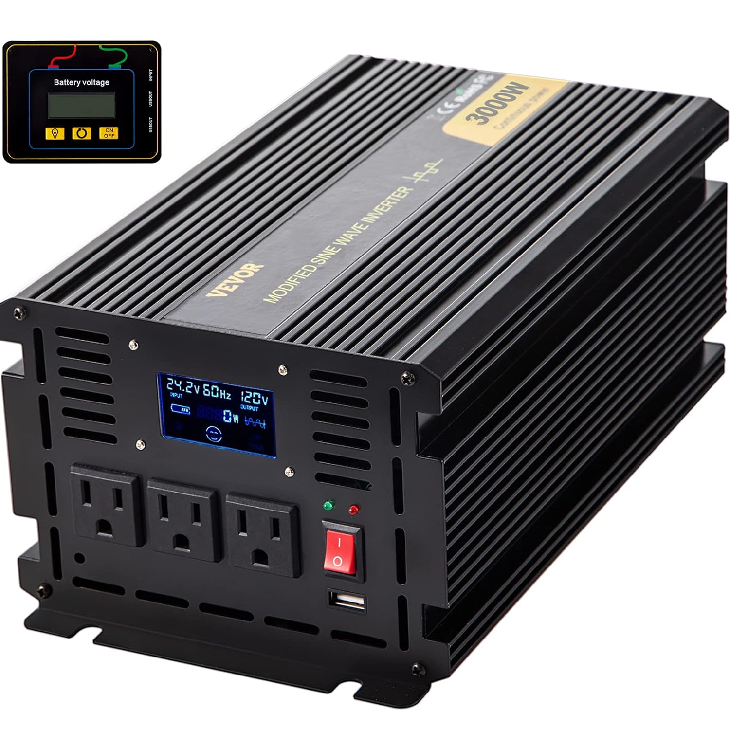 VEVOR Power Inverter, 3000W Modified Sine Wave Inverter, DC 24V to AC 120V Car Converter, with LCD Display, Remote Controller, LED Indicator, AC Outlets Inverter for Truck RV Car Boat Travel Camping