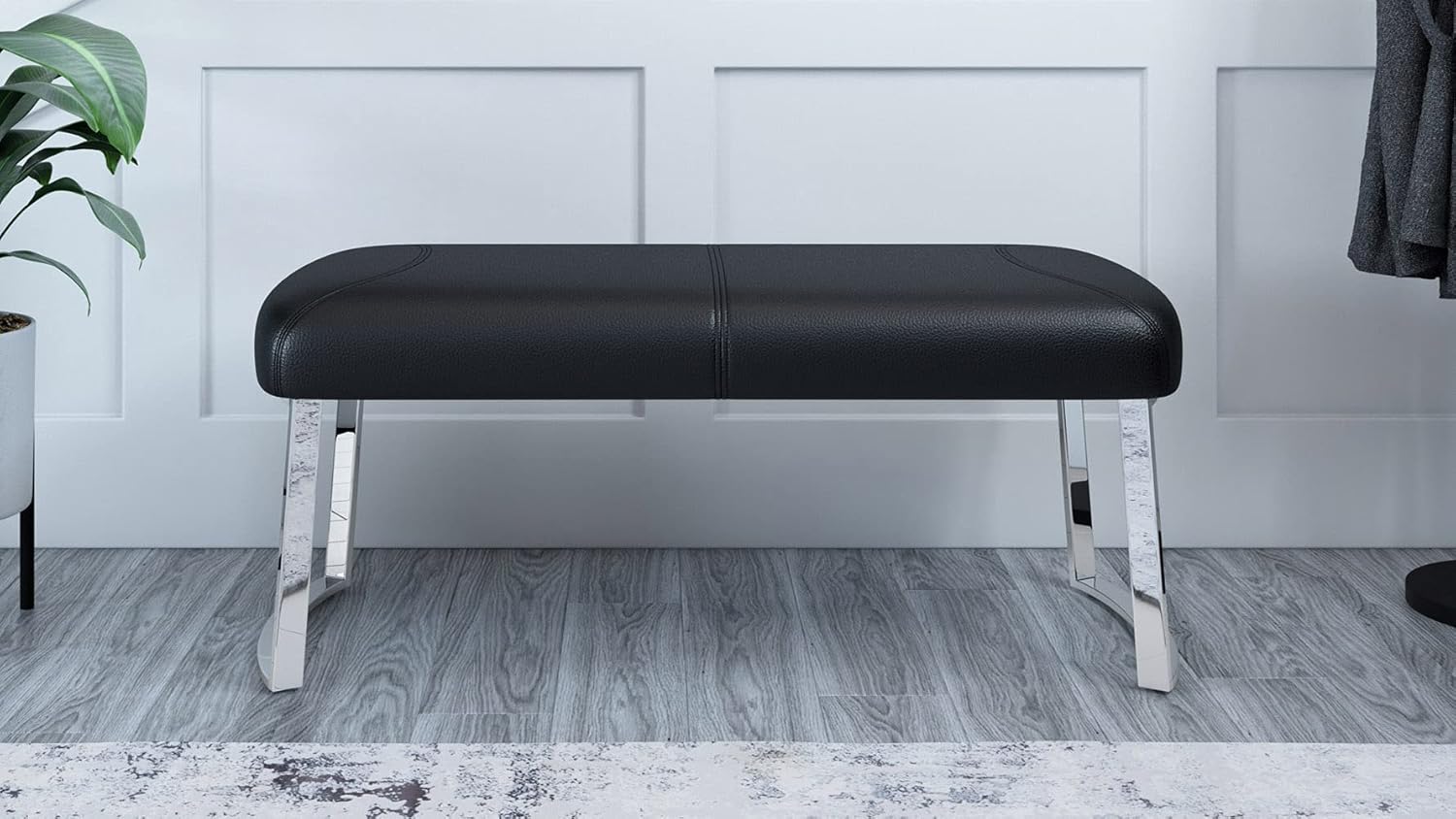 Zuri Modern Sandra Black Leatherette Bench with Polished Stainless Steel Base