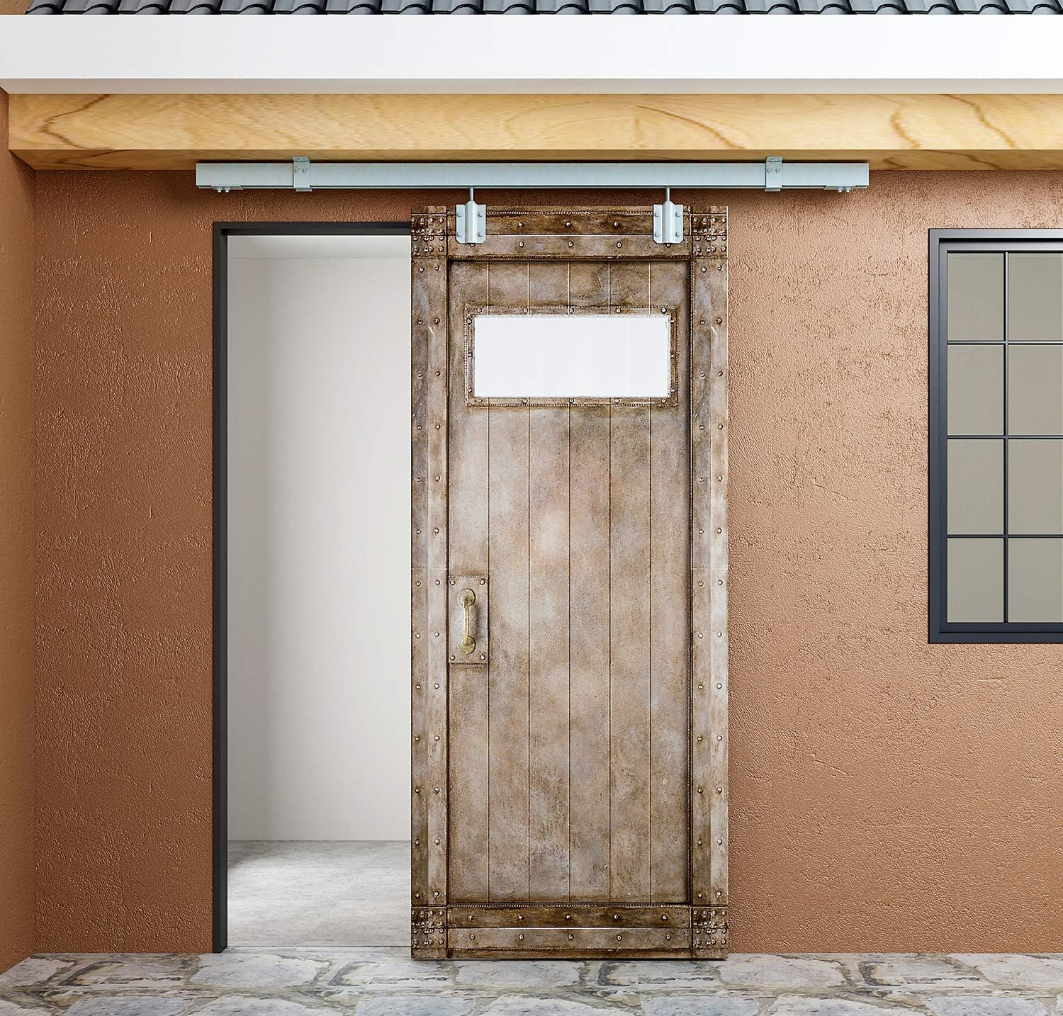 DIYHD M00083S-5FT Raw Material Galvanized Sliver Box Track Harddware for Exterior Barn, 5FT, Wall Mount Single Door Kit