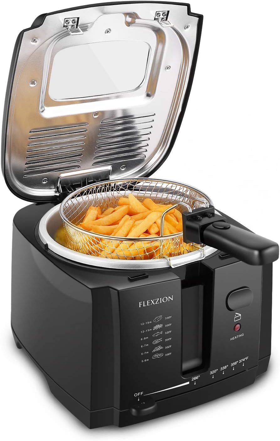 Flexzion Electric Deep Fryer with Basket and lid Oil Fryer Digital Deep Fat Fryer Black 2 Liter/3-Quart Family Size For Home Commercial With Grease Filter, Lid, Basket, Drain, Adjustable Temperature Pack of 2