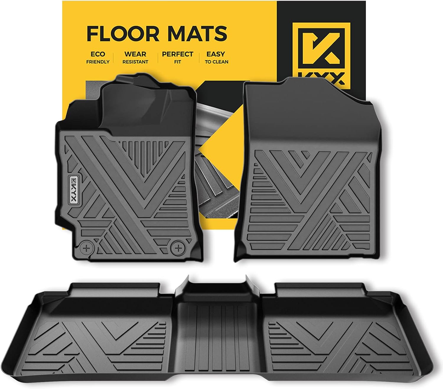 KYX Floor Mats Fit for 2012 2013 2014 2015 2016 2017 Camry, All Weather Floor Liners 1st and 2nd Row with High Edges & Metal Name Plate, Custom Fit Car Floor Mats TPE Black